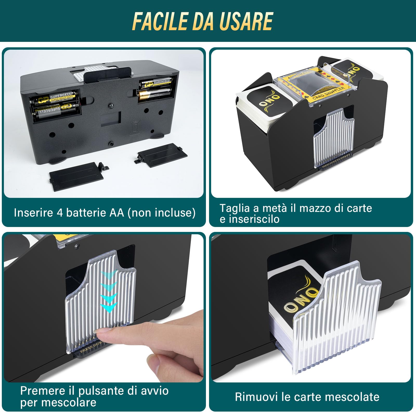 Mischia Carte Automatico, Mescolatore di Carte Elettrico per 1-4 Mazzi, Distributore Carte da Gioco Automatico per UNO, Poker, Blackjack - Dotato di USB