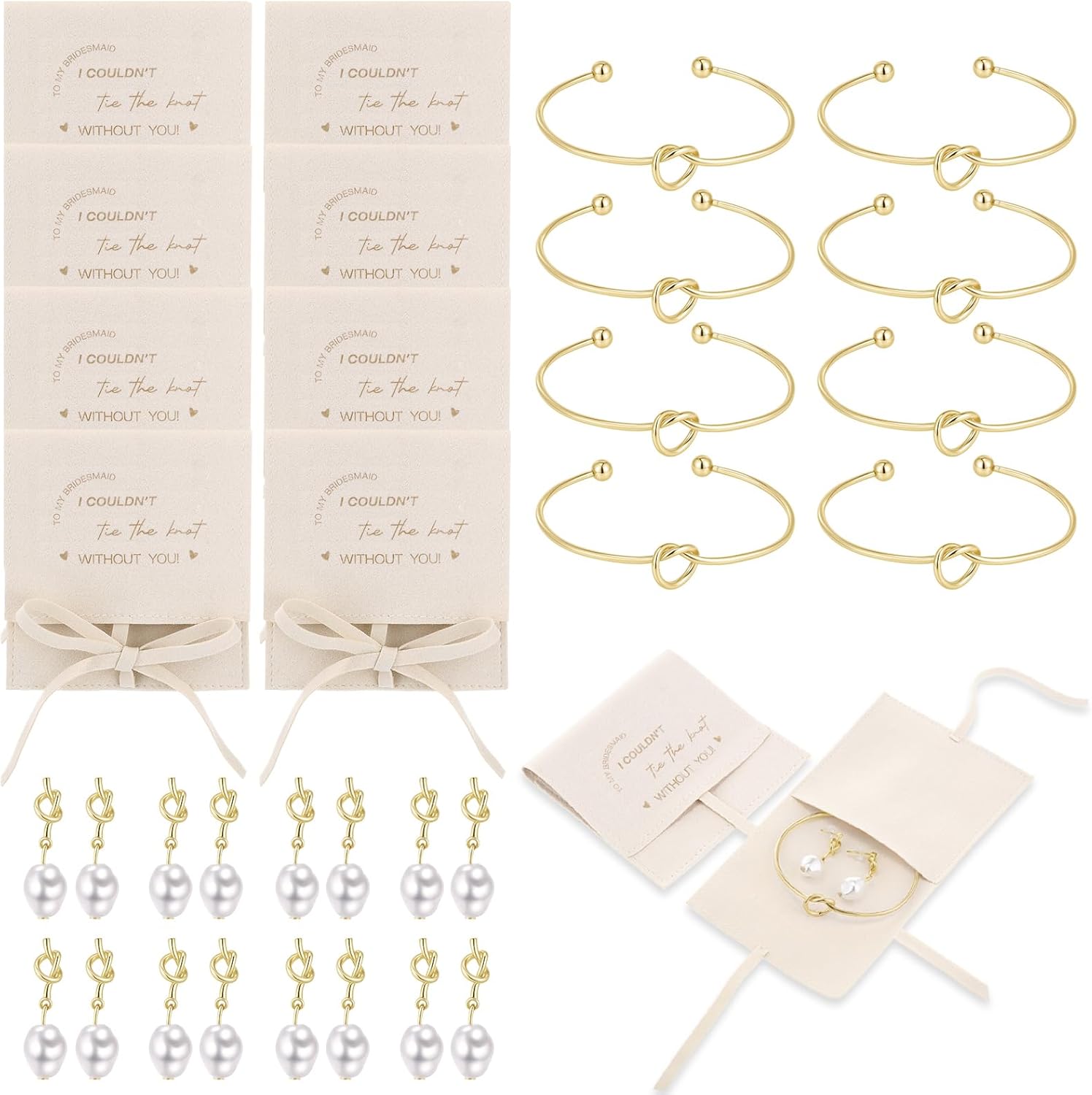 Quelay 24 Pcs Bridesmaid Pearl Jewelry Set of 8 Bridesmaid Bracelet Earrings Jewelry Gift Pouch with Bow Tie I Couldn't Tie The Knot Without You Wedding Bride Shower Supplies