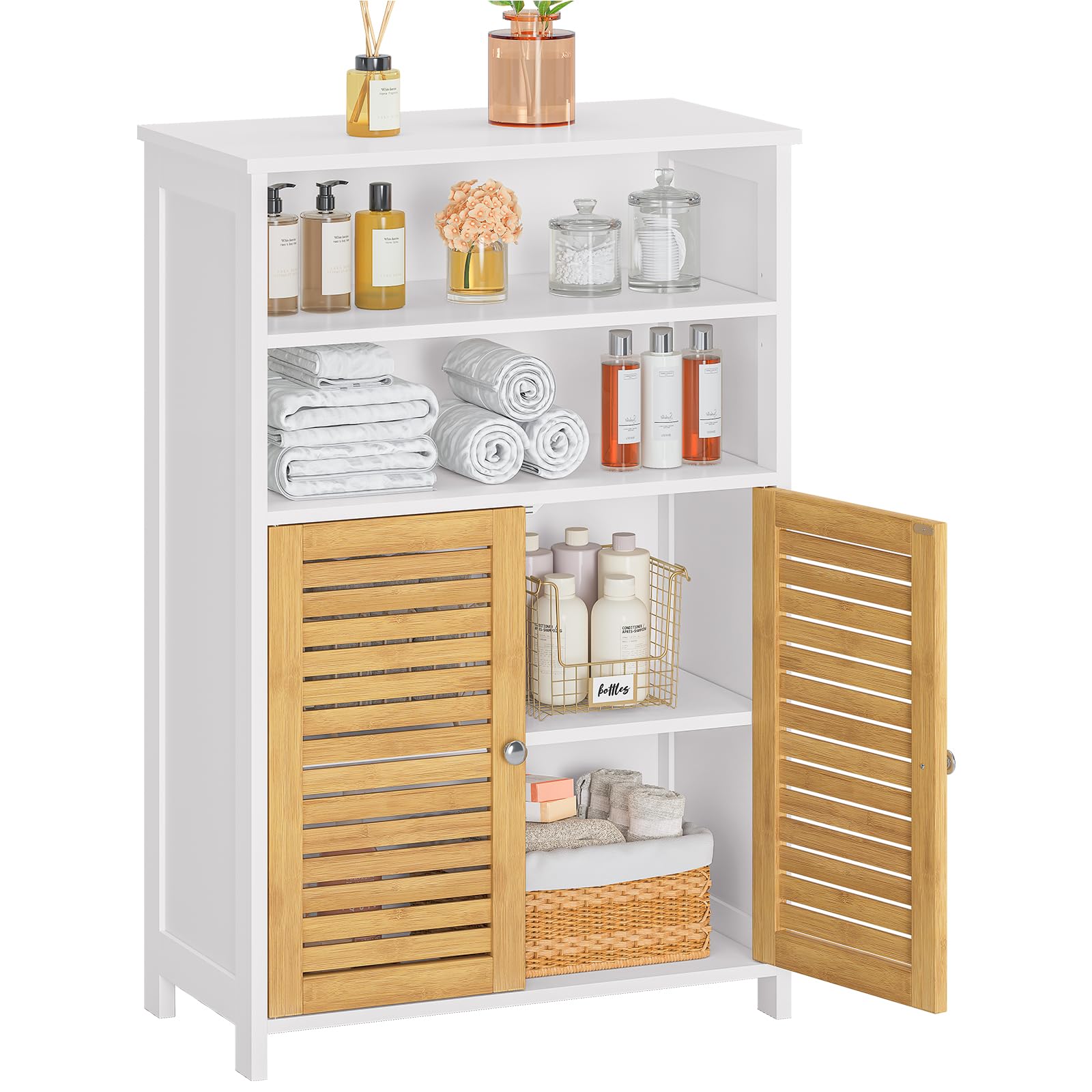 Meuble de Salle de Bain, Armoire de Rangement Cuisine avec 2 Compartiments Ouverts et 2 Portes en Bambou, Meuble de Rangement pour Salle à Manger, Cuisine, Salon, 60x30x100 cm