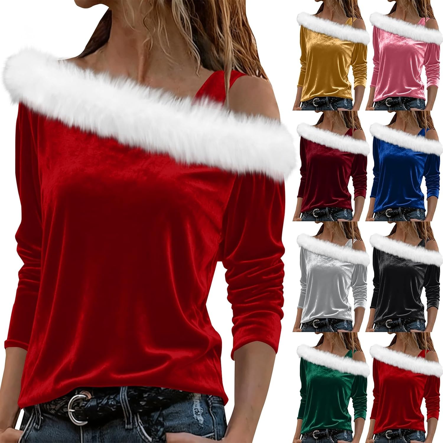 Christmas Cold Shoulder Tops Sexy Womens Santa Velvet Long Sleeve Off The Shoulder White Fur Trim Sweater Tops