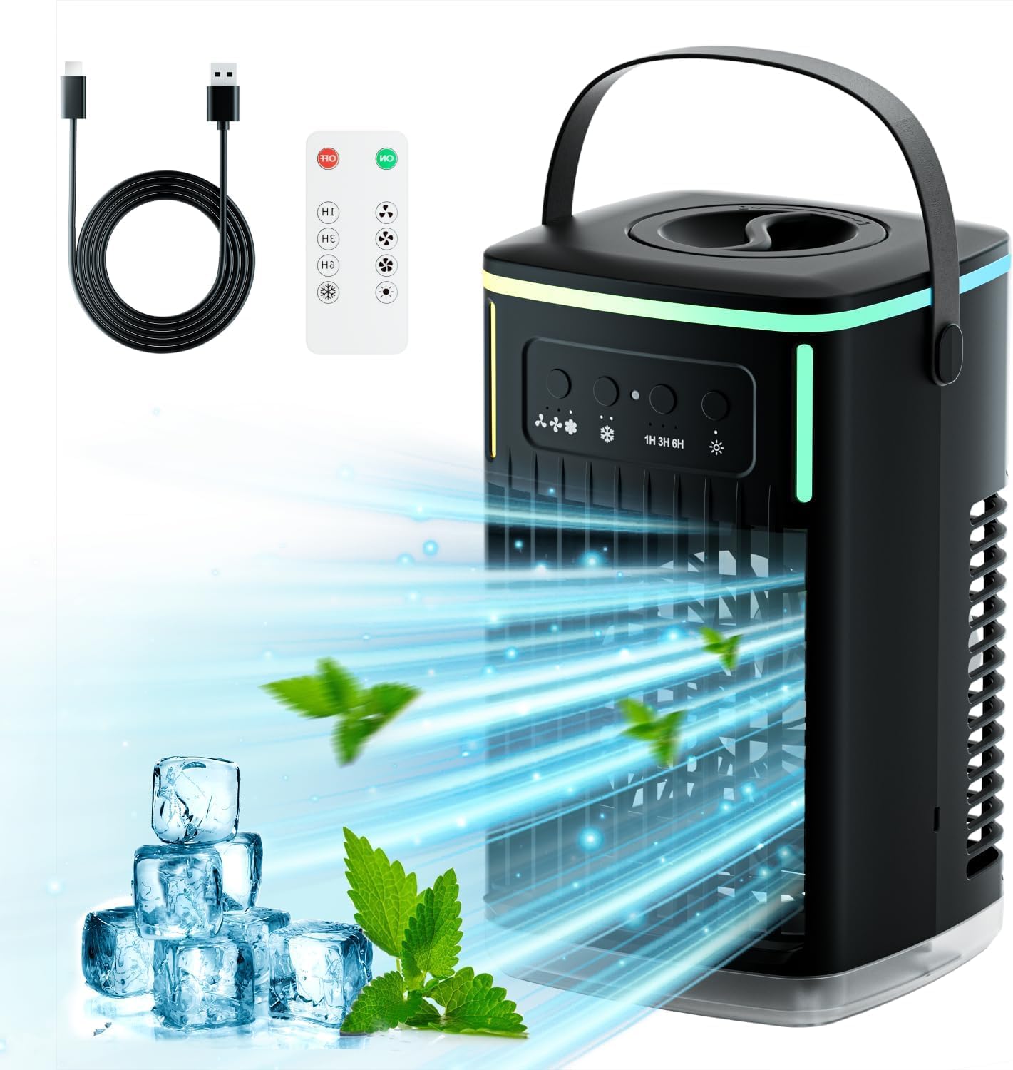 Portable Air Conditioners, Cooling fan Air Conditioner with Remote,Evaporative air cooler with 3 Wind Speeds & 1500ML Water Tank,2-8H Timer & 7 LED Light, Mini Portable Air Conditioner for Room,Office