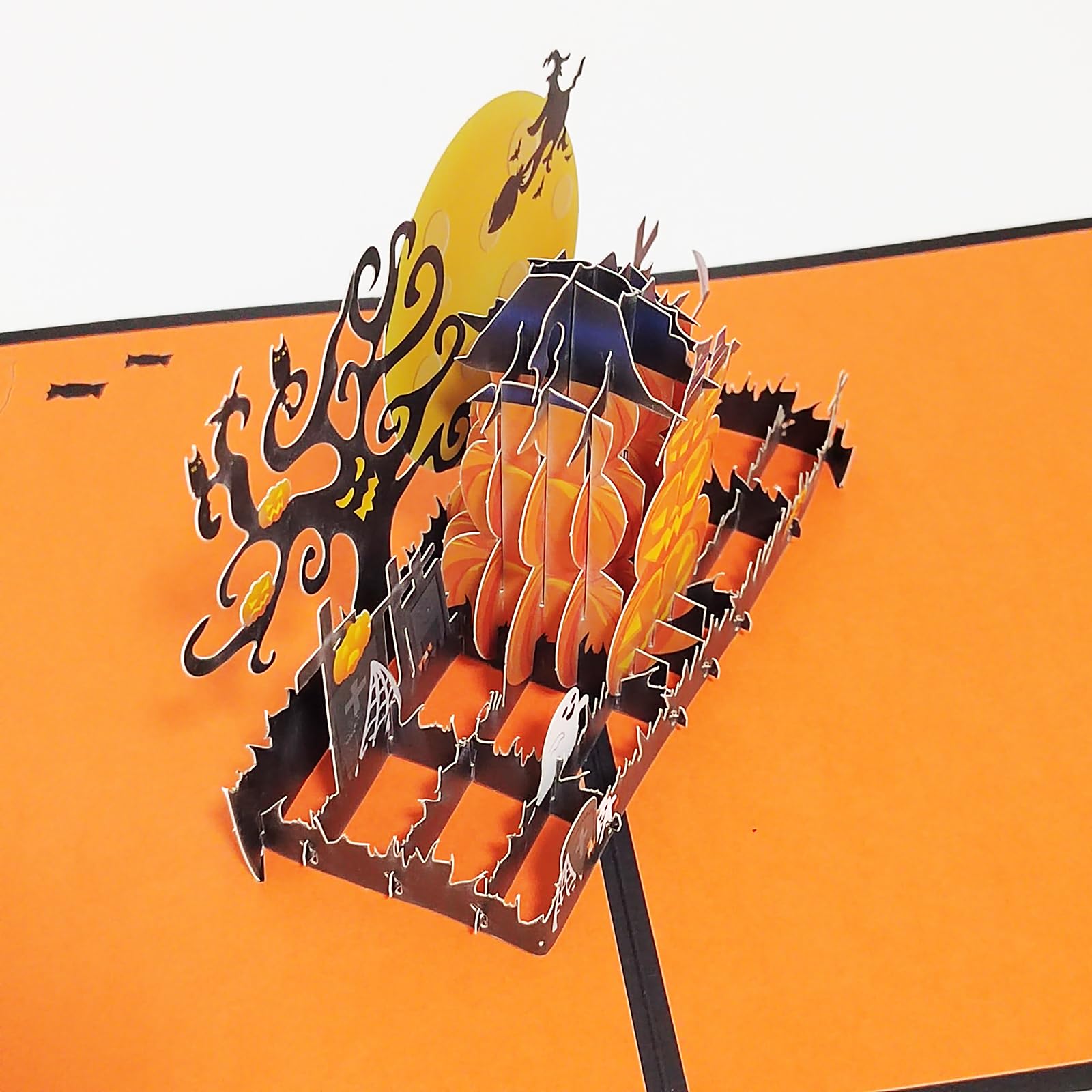 Happy halloween 3D Pop-Up cards Scary Pumpkin Faces Bats Witches Ghost Greeting Card, Black orange - Image 4
