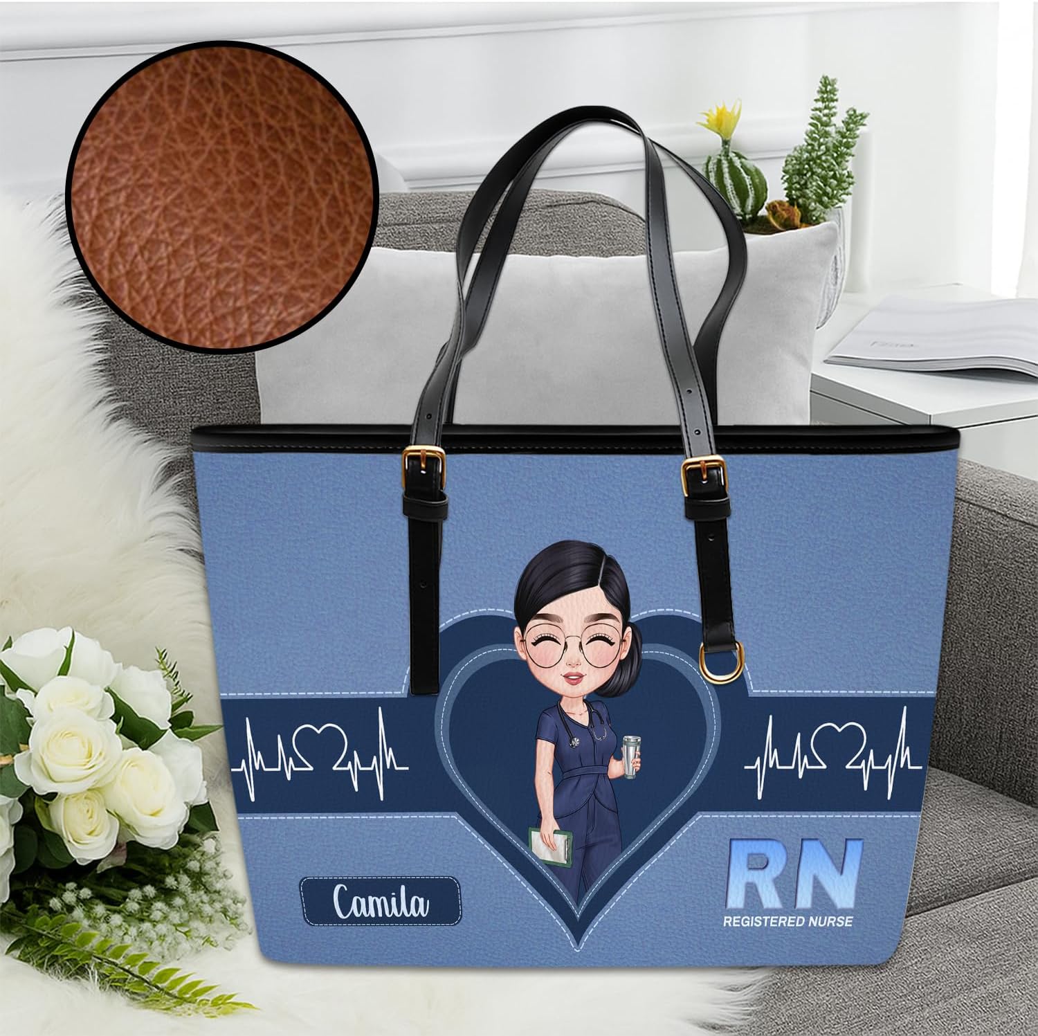 Personalized Nurse Leather Tote Bag - Custom Name Bag Gift For Nurse, Custom Medical Handbag, Nurse Graduation Gift - Image 4