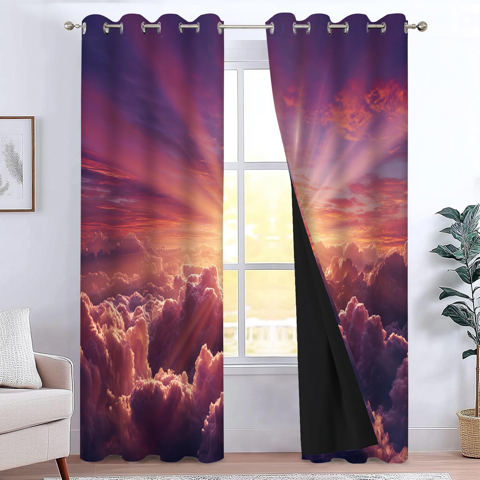 Coucher De Soleil Rideaux Occultant,140x180cm（LxH）,Ciel Et Nuage Rideau,Thermique Isolant Tenture Opaque à Oeillets Draperies Intérieurs pour Maison Chambre Salon Fenetre,2 Panneaux