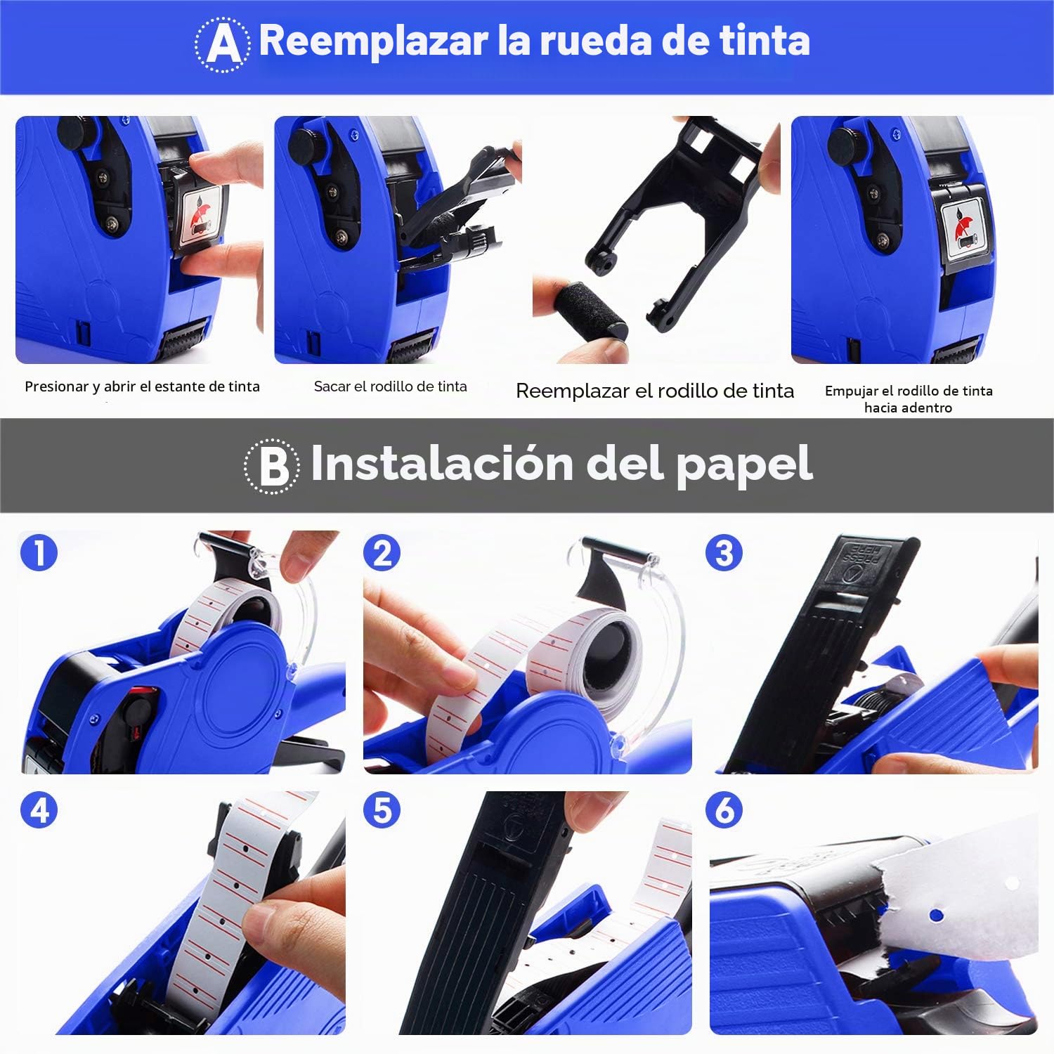 Pistola de etiquetas de precios KPX MX5500 con 5150 calcomanías blancas y 3 rodillos de tinta, 8 dígitos