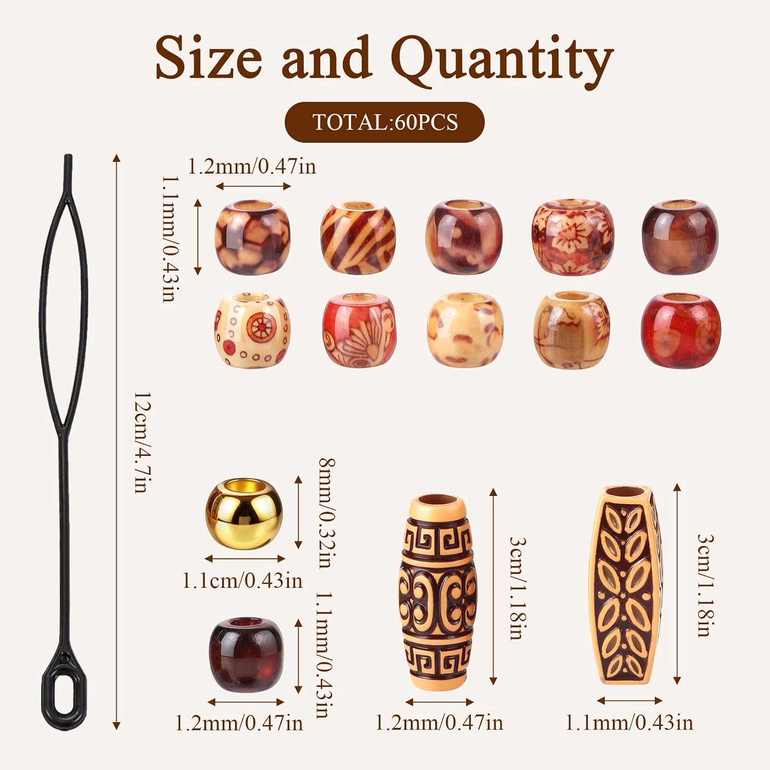 60 Wooden Hair Beads for Braids Loc, Dreadlock Brown Bead for Hair image 2