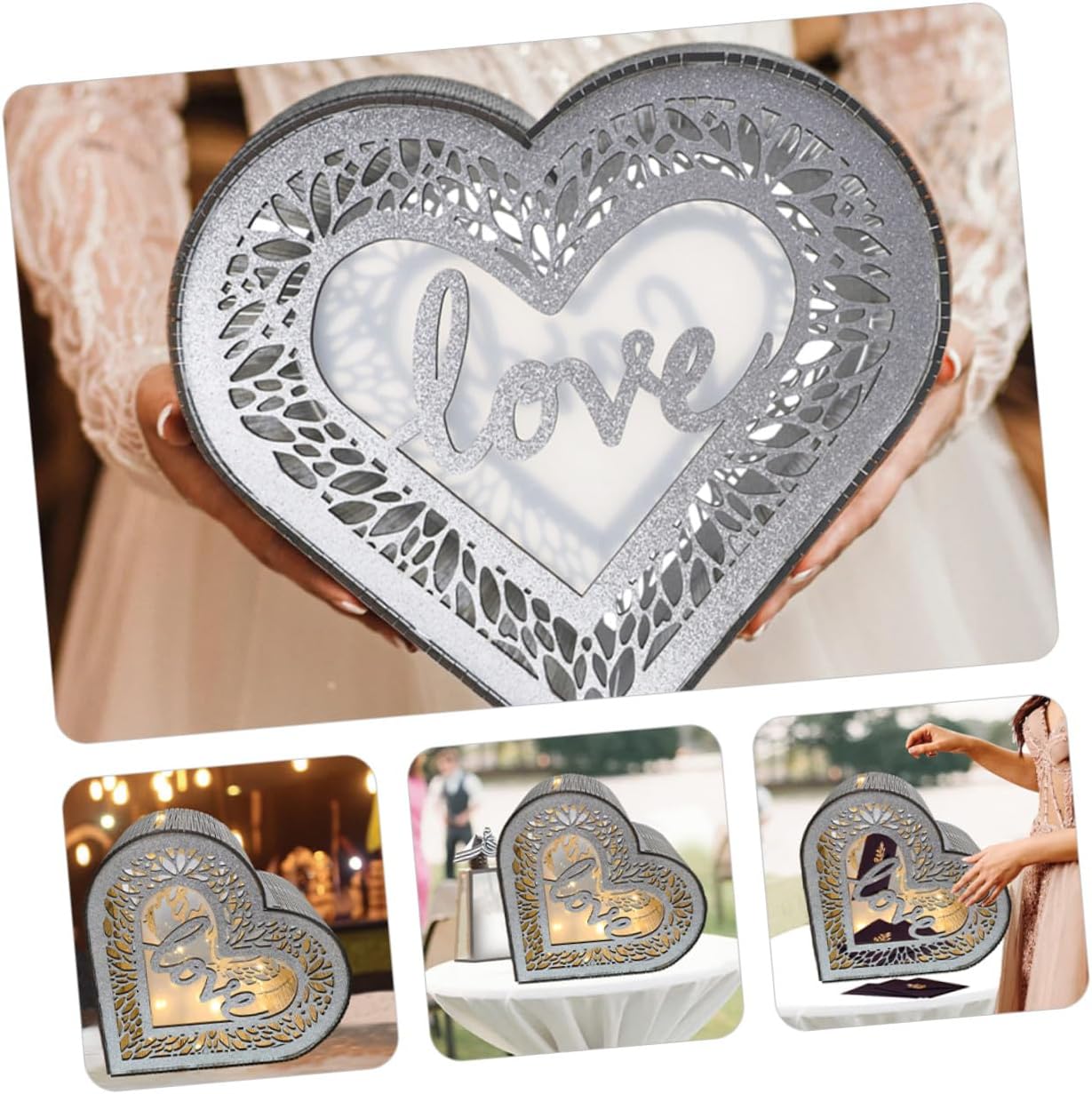 CHILDWEET Heart-shaped Hollow Wooden Card Box with Glitter, Wedding and Birthday Blessing Card Container, Decorative Envelope and Message Storage for Party and Anniversary Events