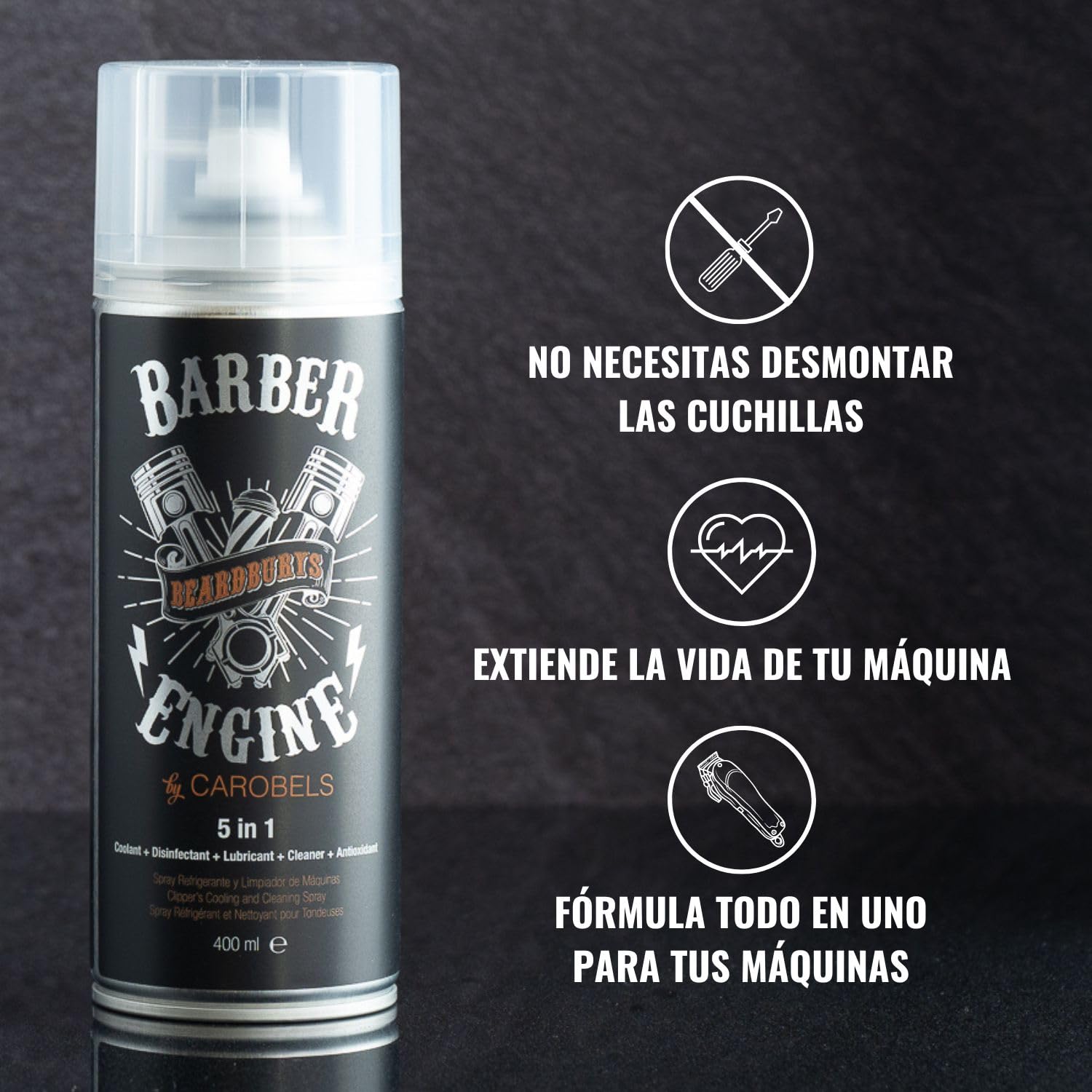 Beardburys Spray 5 en 1 | Spray Limpieza y Desinfectante Maquina de Cortar el Pelo, Refrigera, Lubrica y Aplica Capa Antioxidante, Desinfectante Barbería 800 ml (2)