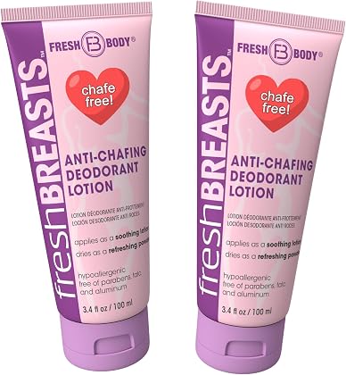 Fresh BREASTS Anti Chafing Deodorant Lotion to Powder, 3.4oz (2 Pack) - Anti Chafe Cream Whole Body Deodorant for Women, Inner Thighs & Areas that Sweat, No Talc, Aluminum and Fragrance