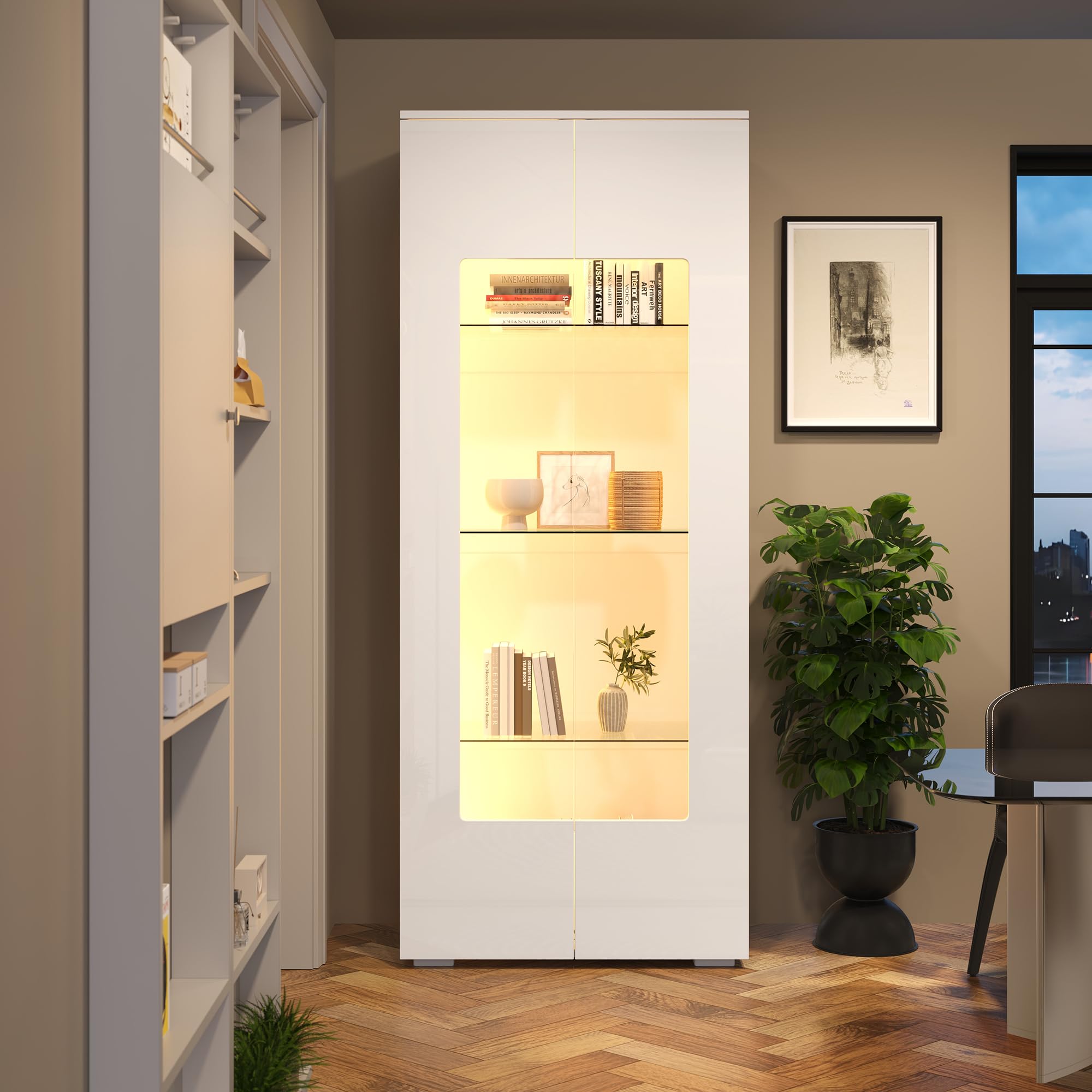 Vitrina blanca brillante para salón, 70 x 40 x 173 cm, con LED y 2 puertas acrílicas
