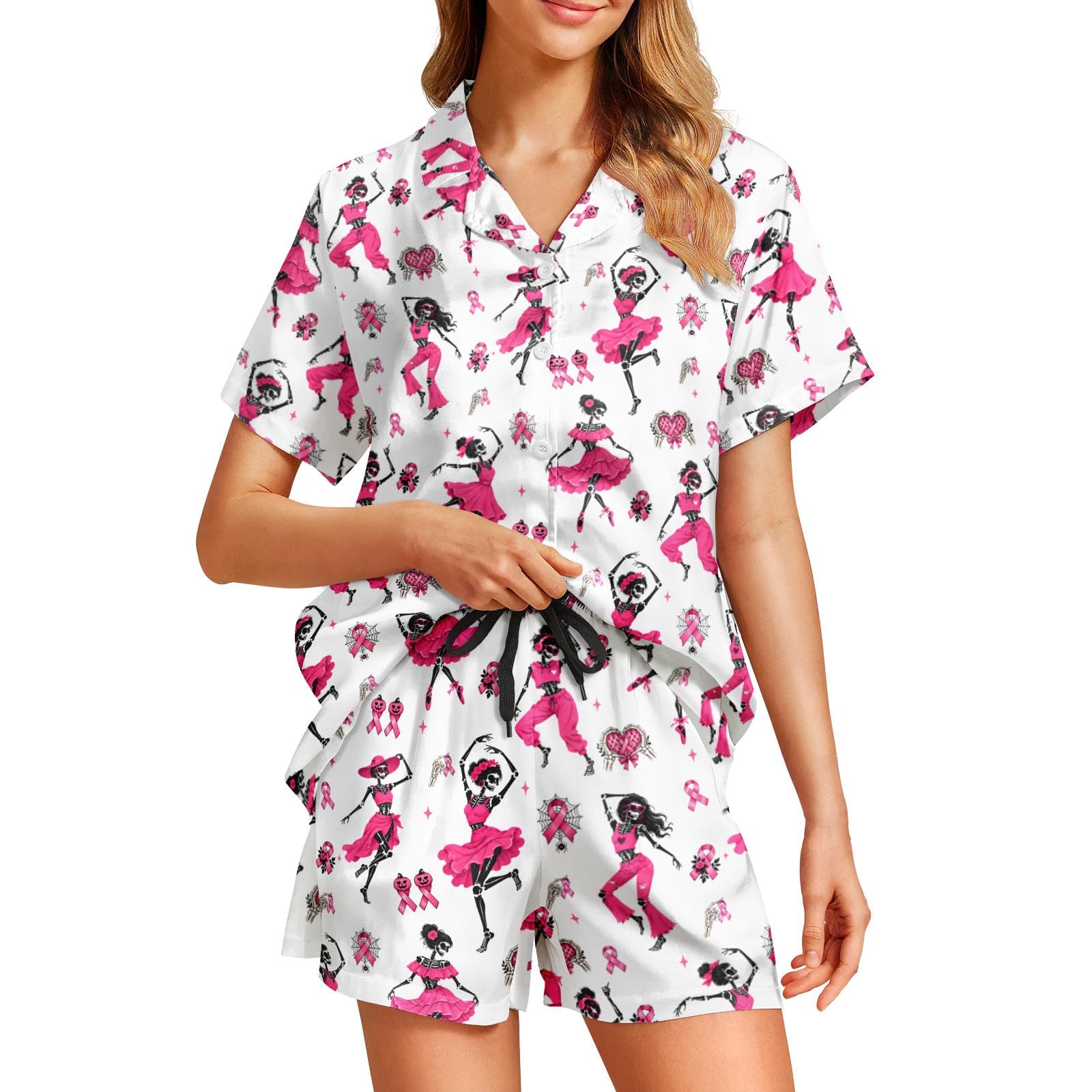 Funny Pajamas for Women Set Print Satin Loungewear Pjs Short Sleeve Button Down Top and Shorts Sets Sleepwear XS-3XL