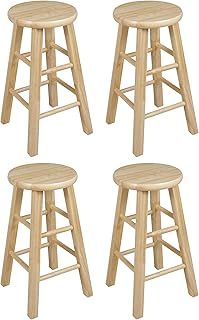 PJ Wood Classic Round-Seat 24" Tall Kitchen Counter Stools for Homes, Dining Spaces, and Bars with Backless Seats, 4 Square Legs, Natural (Set of 4)
