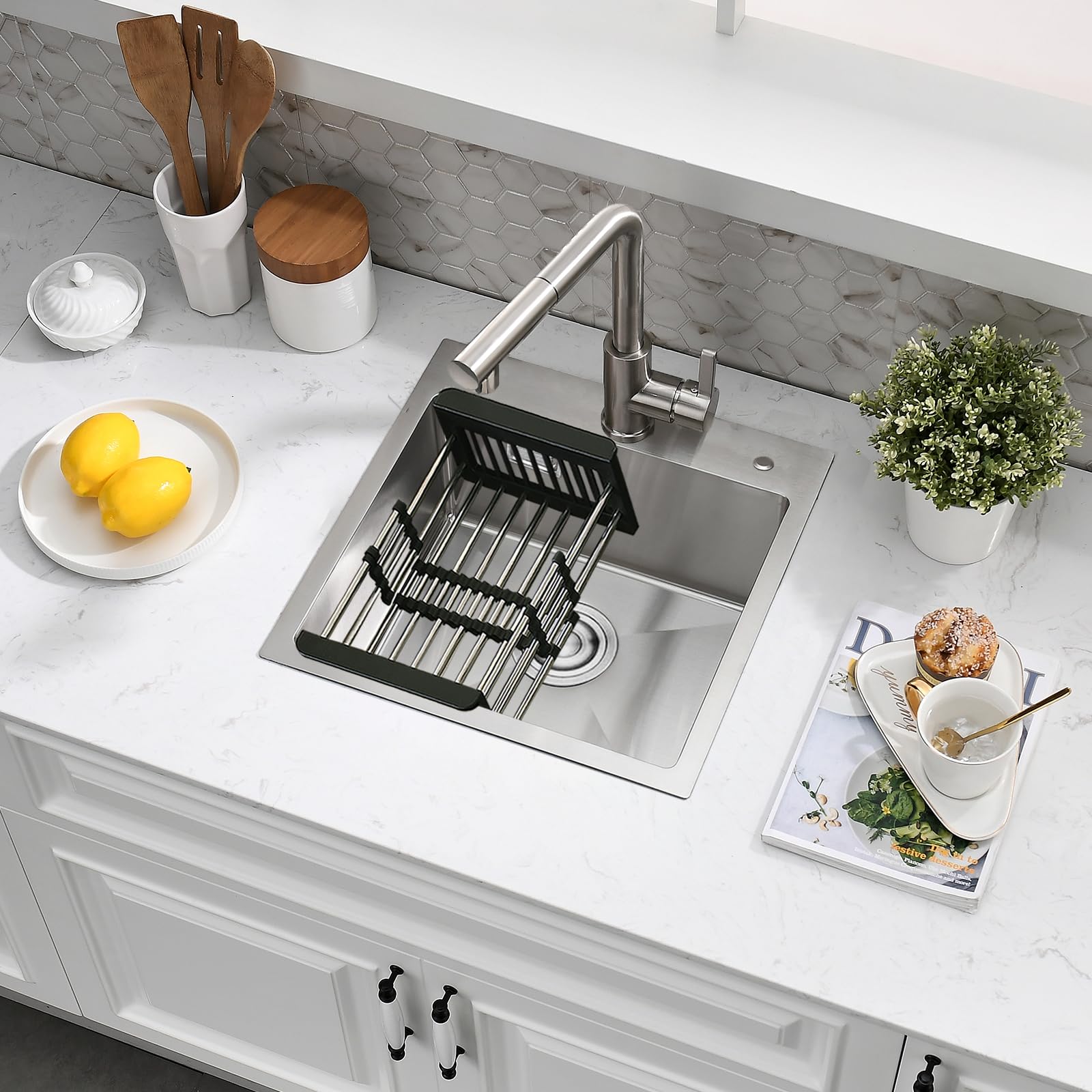 38 x 38 cm Evier Cuisine Inox 1 Bac avec Panier Télescopique, Brossé | Évier 1 Cuve Acier Inox, Pose Encastrée ou Sur Plan, Équipé de 2 Trous Robinetterie, Bonde de Vidange Complète