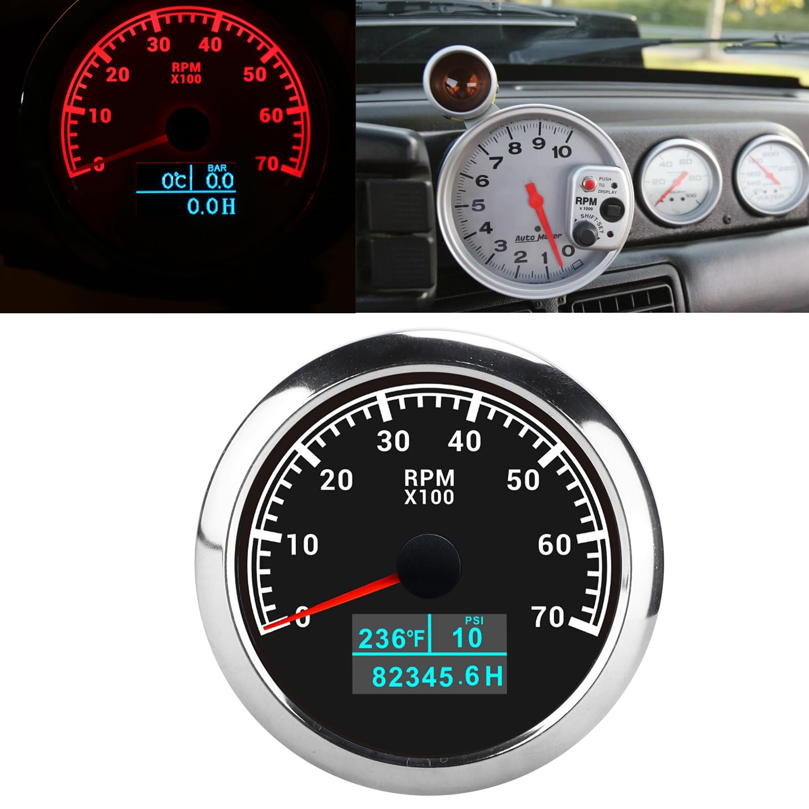 Contagiri per Auto Contagiri Multifunzionale Efficiente 3 in 1 per Appassionati di Auto o Hobbisti ABS in Acciaio Inossidabile (quadrante nero)