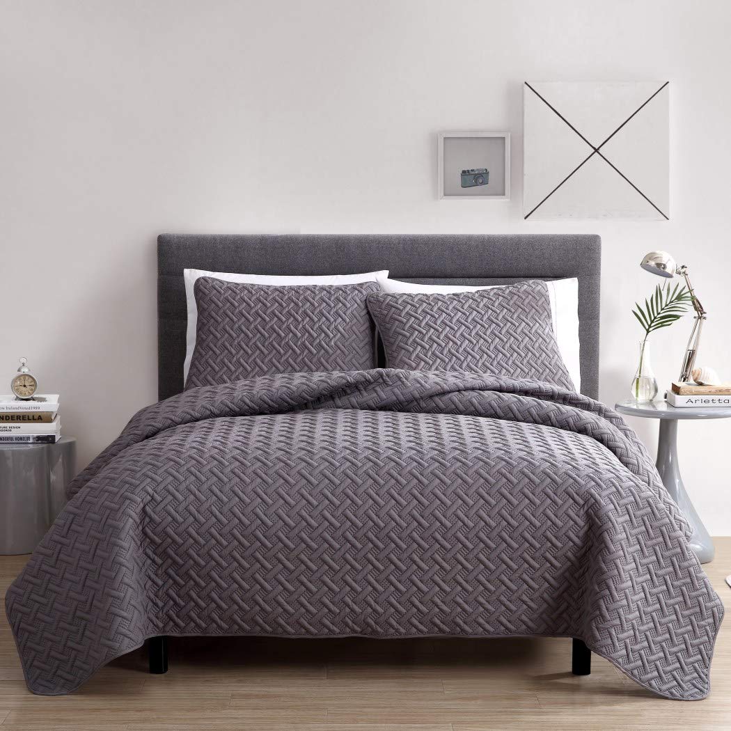 OSK3 Piece Green Solid Embossed Geometric Checkered Pattern Quilt King Set, Beautiful High-End Rich Textured Design Bedding, Abstract Contemporary Modern Style, Vibrant Vivid Color, Unisex