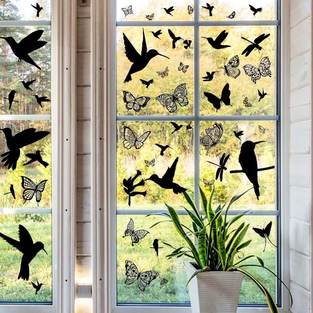 50 Pieces Hummingbird Butterfly Window Clings, Anti-Collision Window Decoration Decals, Static Stickers Decor for Glass Windows and Doors - Non-Adhesive Vinyl Cling to Alert Birds
