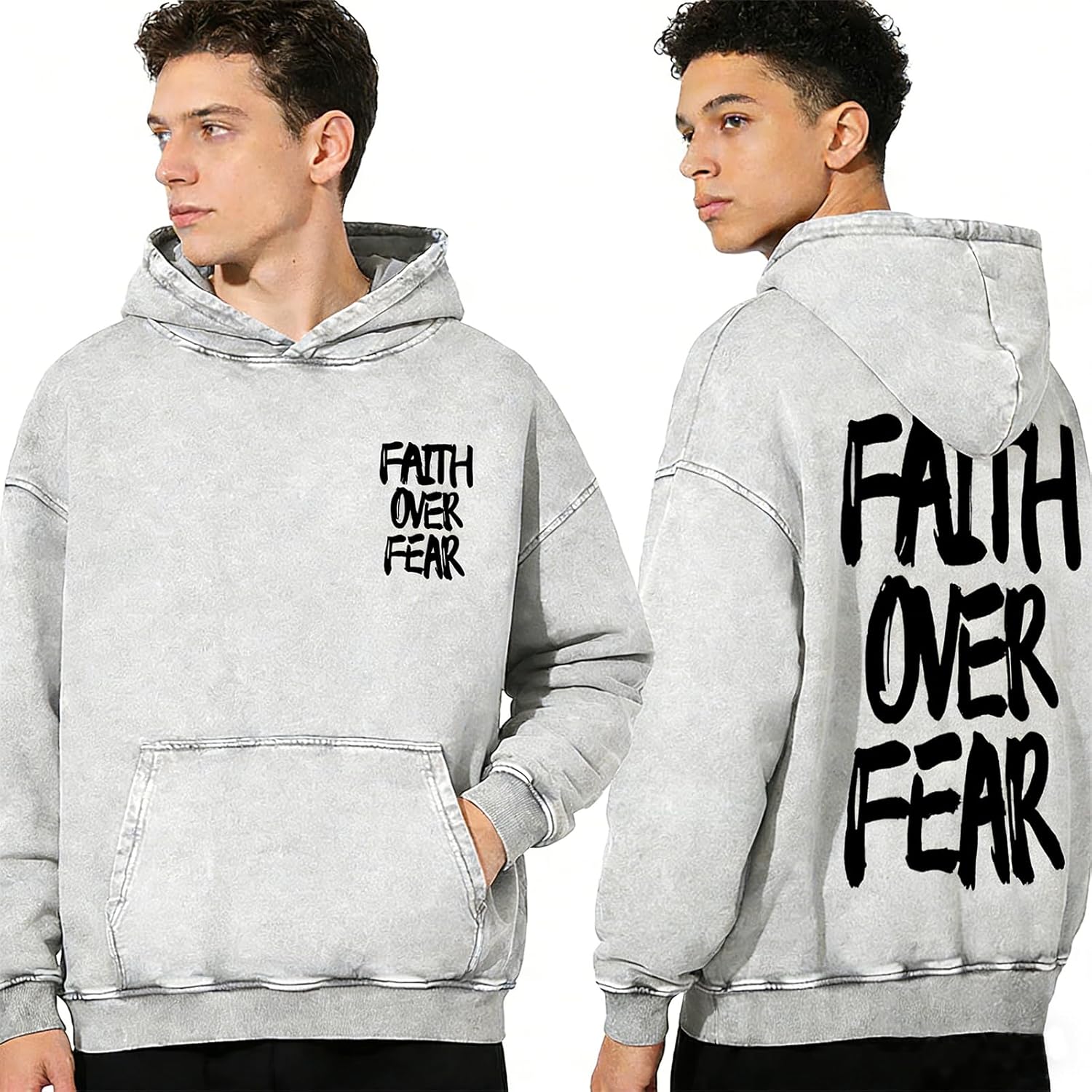 Christian Hoodies for Men Faith Over Fear Graphic Hoodie Vintage Acid Wash Jesus Religious Sweatshirts Pullover Tops