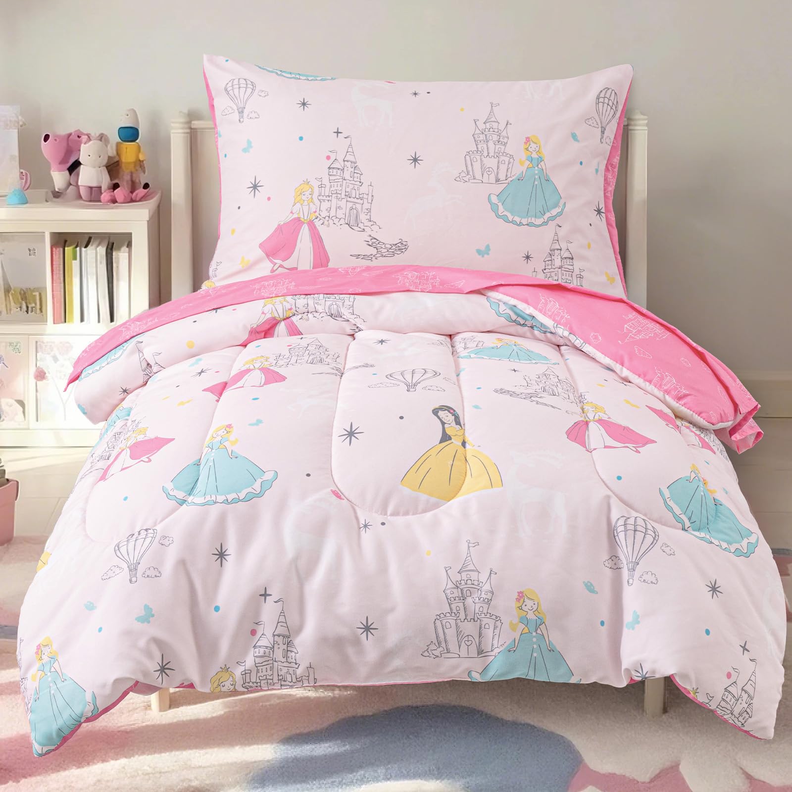 phf 4 piece toddler bedding set, ultra soft toddler comforter sets include comforter, fitted sheet, flat top sheet and pillowcase for girls, christmas bed in a bag for baby bedroom, princesses