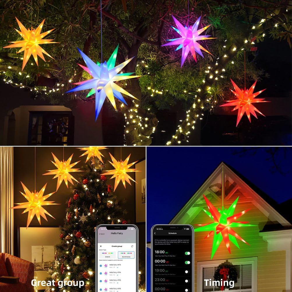 Smart Christmas Star Tree Topper, 3D Lighted Star Topper Christmas Tree Decoration, RGB Music Sync App Remote Control LED Star Tree Topper for Outdoor