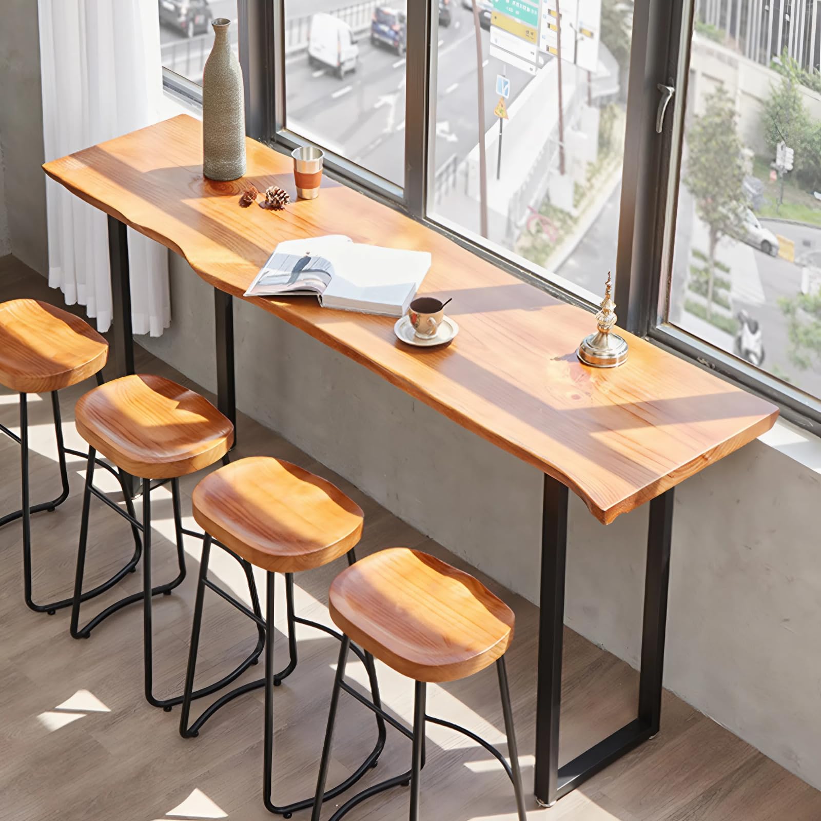 Wooden Counter Height Table, 47.2in Home Bar Height Pub Table Industrial High Top Dinning Tables with Metal Legs, Outdoor Long Narrow Console Tables