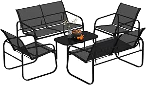 Outsunny 5 Piece Patio Furniture Set, Outdoor Conversation Group with 2 Loveseat Sofas, 2 Armchairs and Glass-Top Table, All Weather Seating for Backyard, Garden, Black