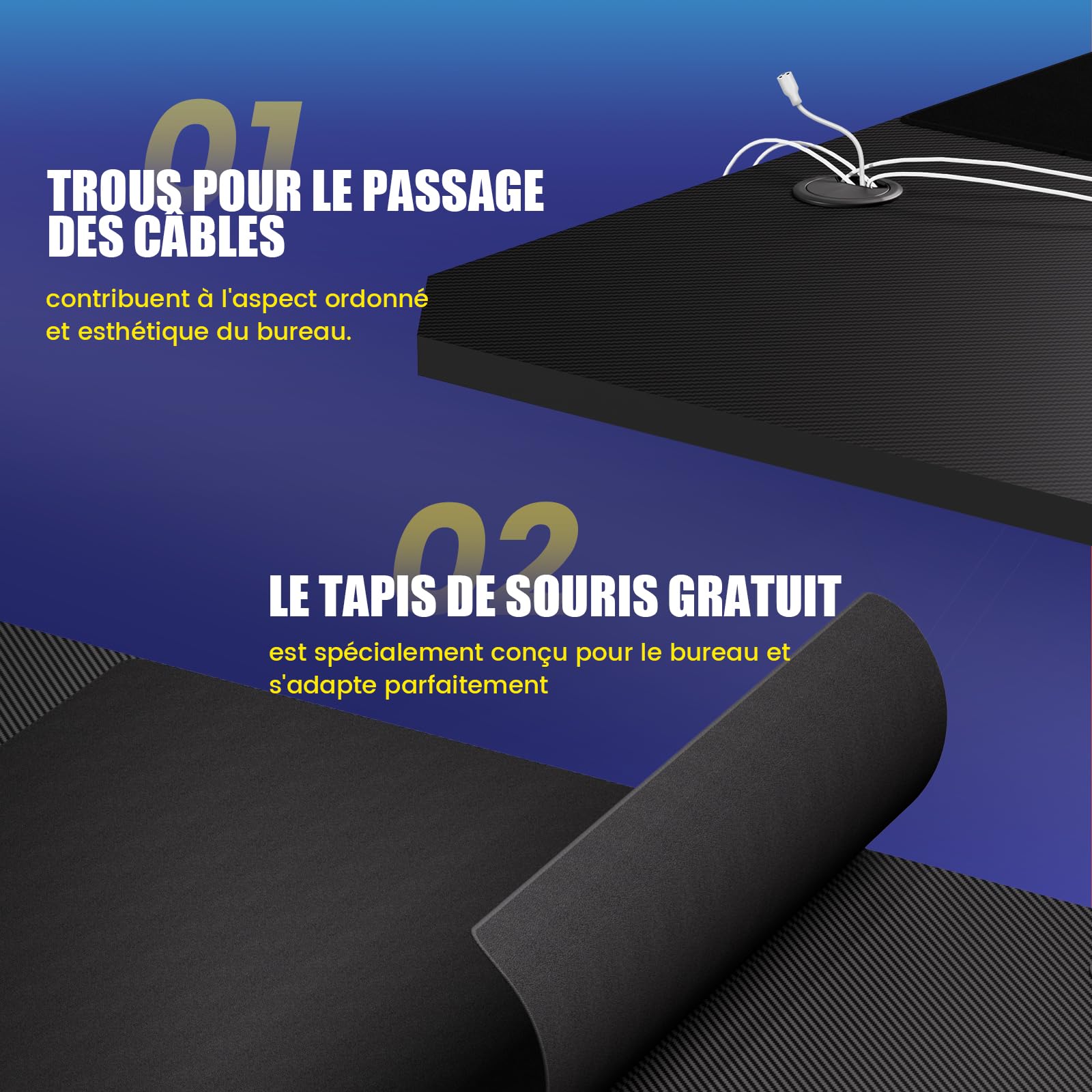 GTPLAYER Bureau Gaming 120 x 60 cm, Bureau Gamer avec Tapis de Souris, Table Gaming PC en Fibre de Carbone avec Crochet pour Casque