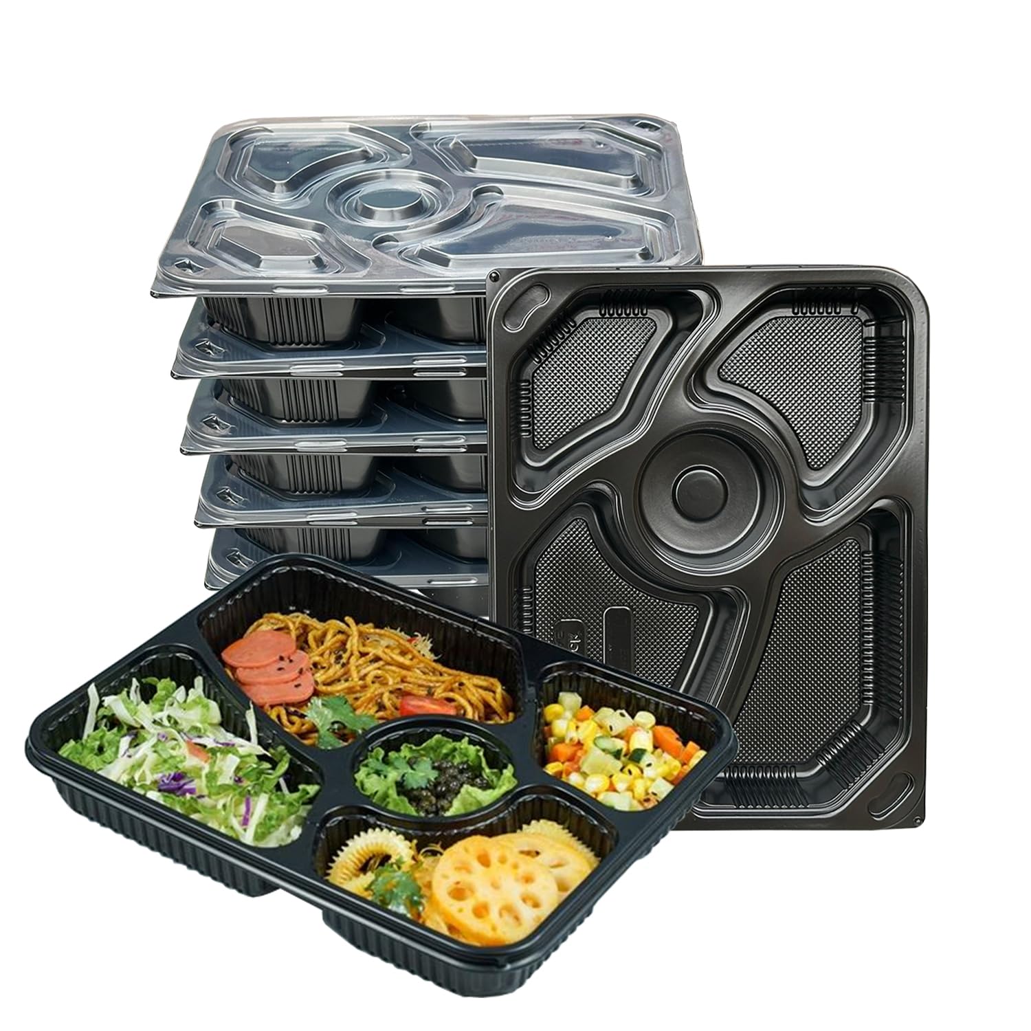 ECONX 30 X 5 Compartment Takeaway Container Meal Prep Containers - Microwavable and Freezer Safe BPA Free PP Plastic Black Lunch Take Away Box Food Storage Box with Lid Bento Takeout Boxes