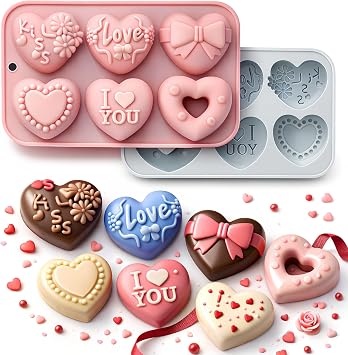 2Pack Heart Candy Chocolate Molds Mothers Day Mold Heart Shaped Silicone Molds 6-Style Love Rose Bow Shaped Silicone Molds Non-Stick Heart Molds for Jelly Cake Cupcake Decor Soap Resin Wax Candle