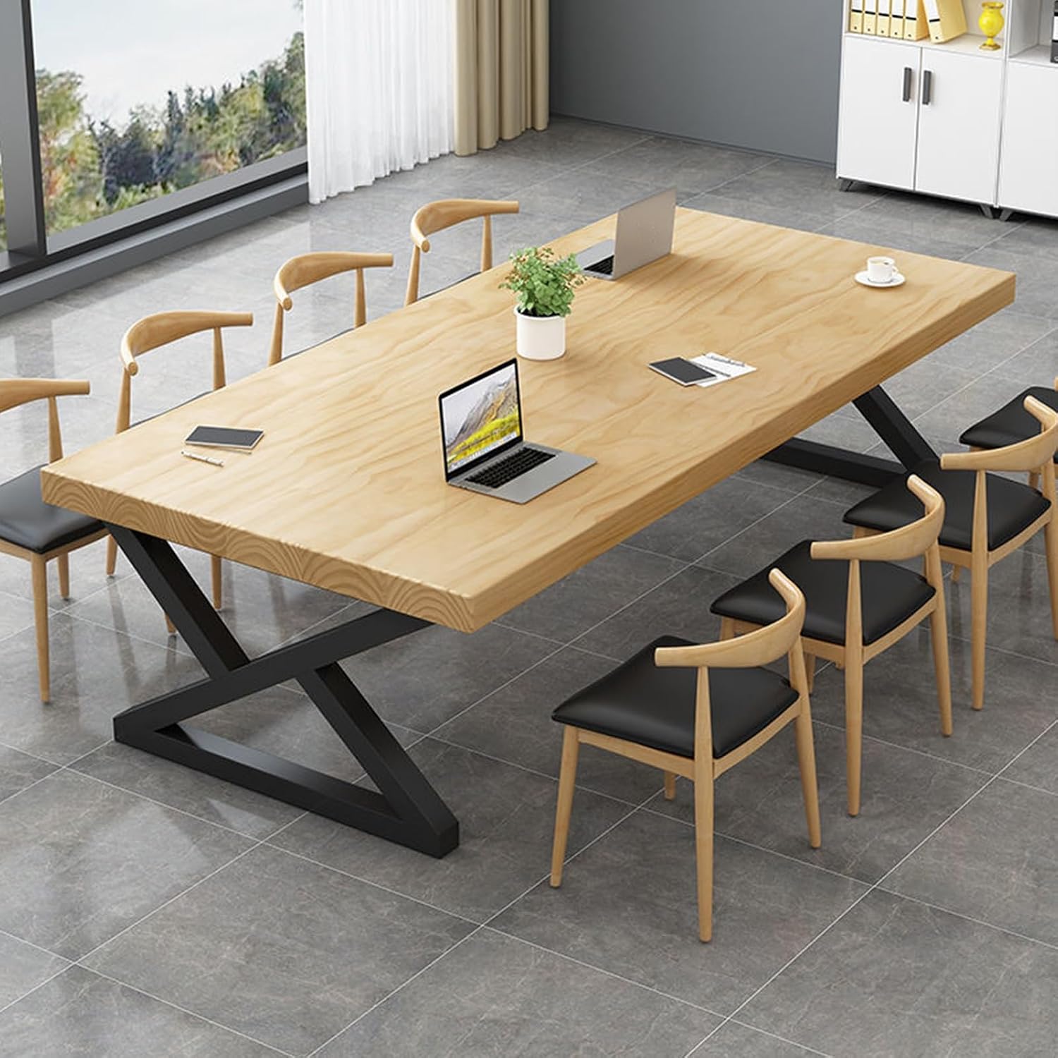 Solid Wood Conference Table Large Commercial Carbon Steel Stand/Thick Tabletop Suitable, for Modern Office Meeting Room (Chairs Not Included)(Beige,140x75x70cm/55x30x28in)