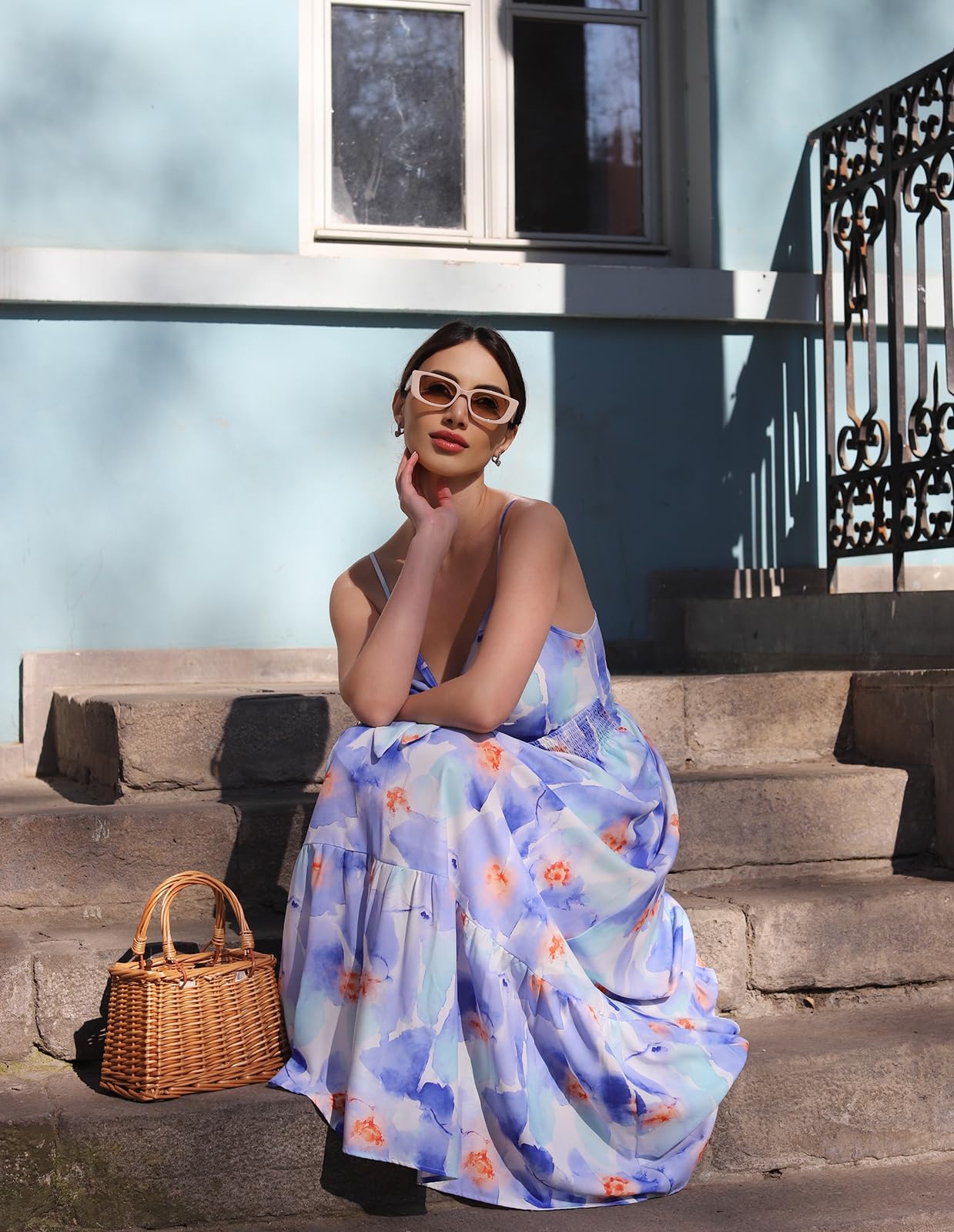 GRACE KARIN - Vestido largo de verano para mujer, floral, lazo frontal, tirantes delgados, casual, bohemio, playa, vestido de verano con bolsillos