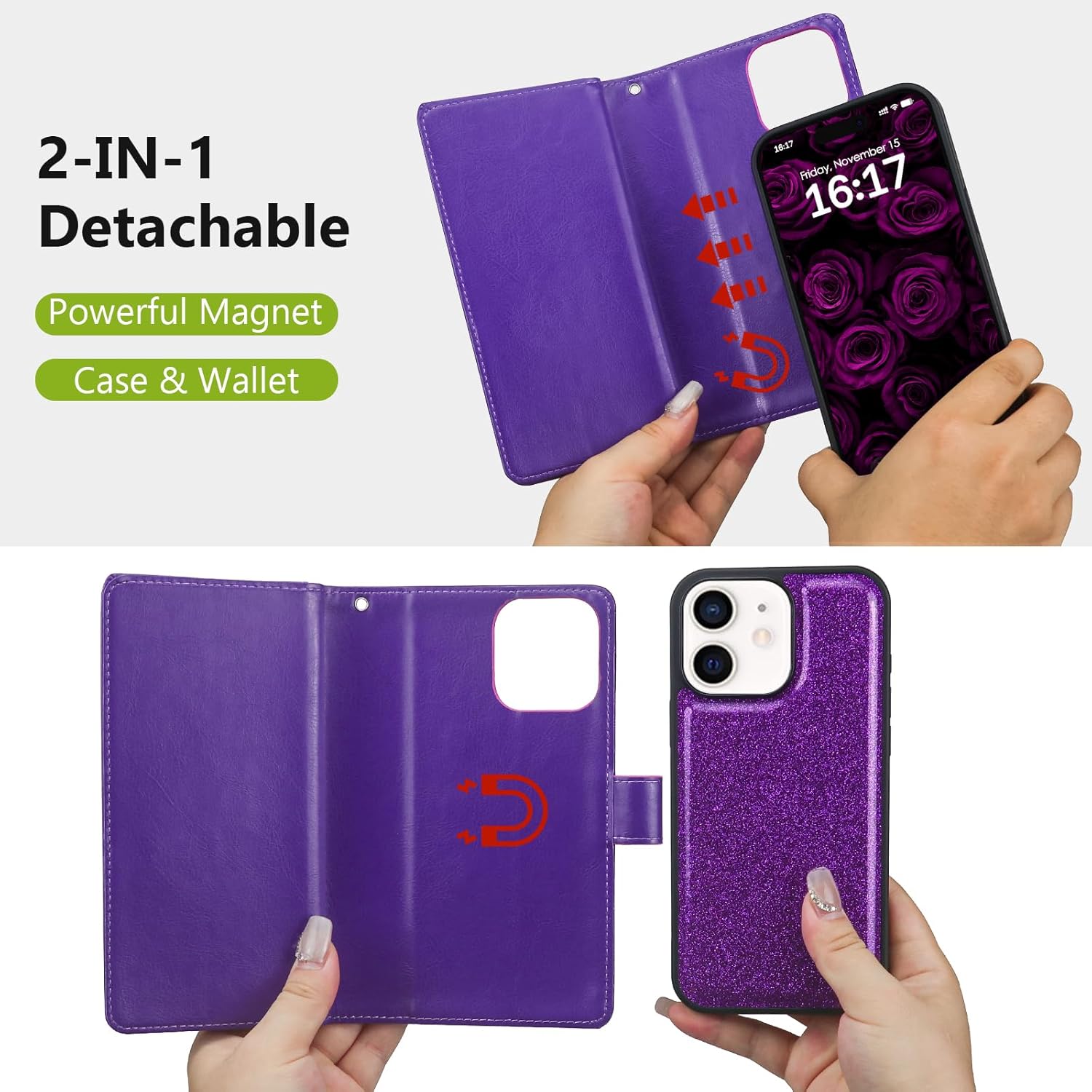 Varikke for iPhone 11 Wallet Case Detachable with Card Holder for Women, Fashion Glitter PU Leather Wrist Strap Strong Magnetic Flip Wallet Removable Phone Case Cover for iPhone 11 6.1", Dark Purple