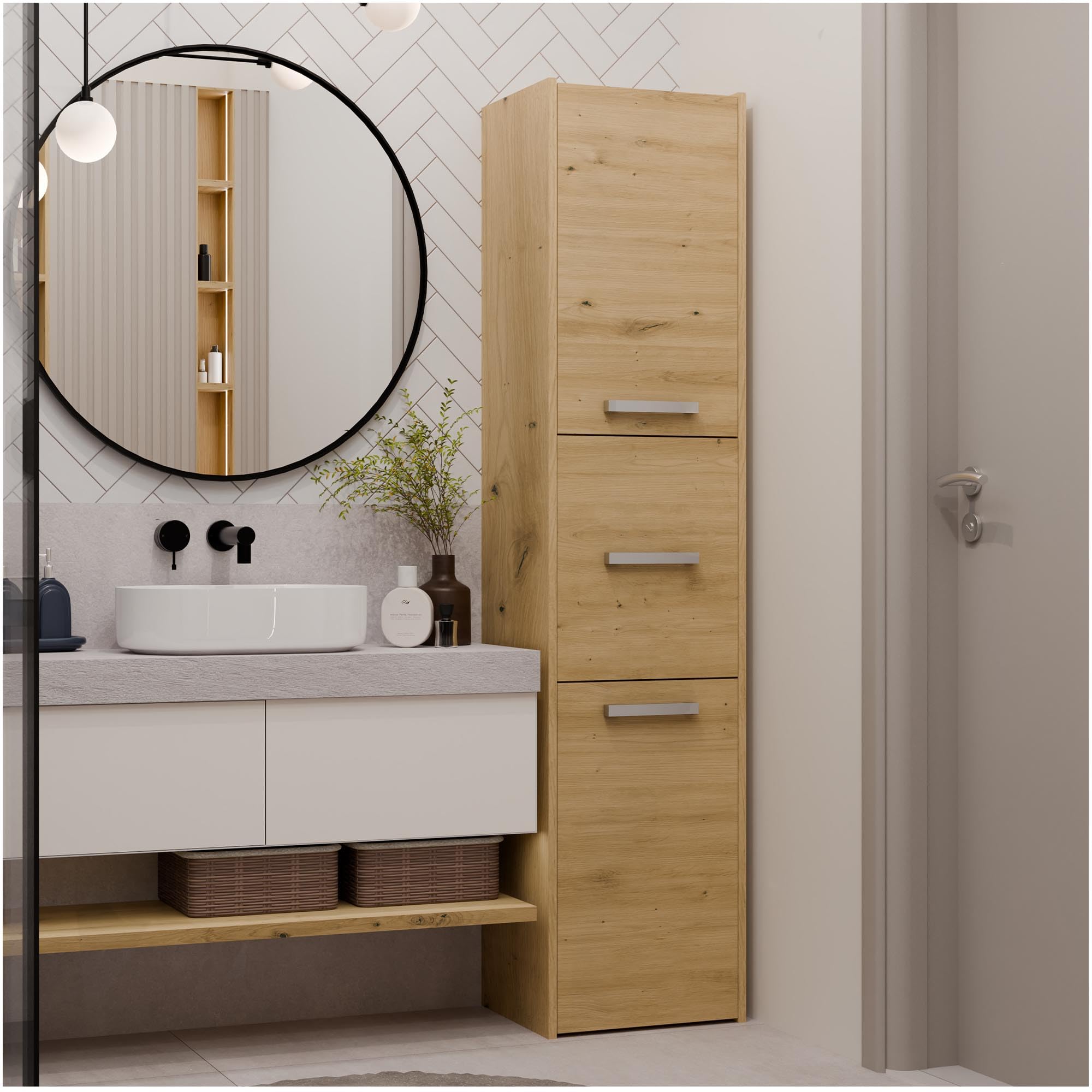 CDF Armario de Baño Alto Columna Mueble Baño Estrecho - Ancho: 40 cm Roble Artisan 30x40x170 cm Ahorro de Espacio, para Guardar Cosméticos y Productos de Limpieza, para Espacios Pequeños