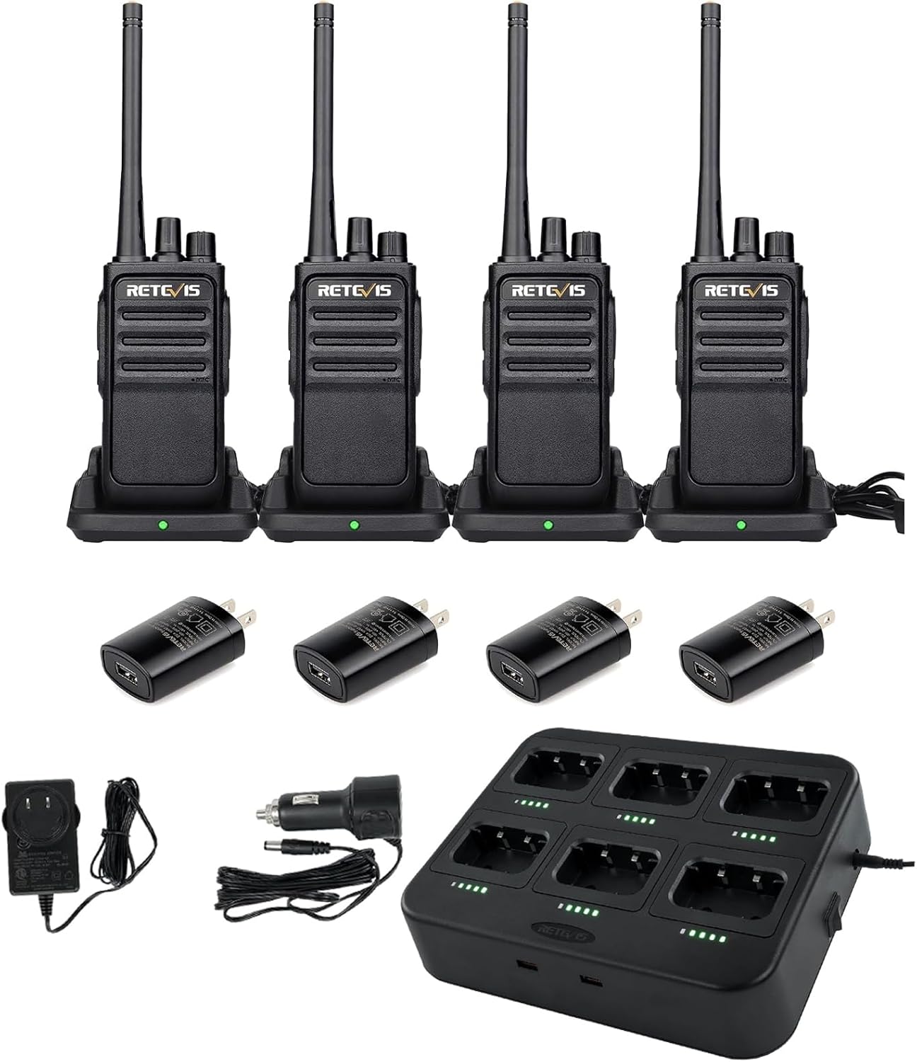 Retevis RT17 Walkie Talkies(4 Pack) Bundle with Six Way Charger(1Pack) Long Range for Adults,Rechargeable 2 Way Radios with USB Charger Base, Lightweight Two Way Radio with 1200mAh Battery