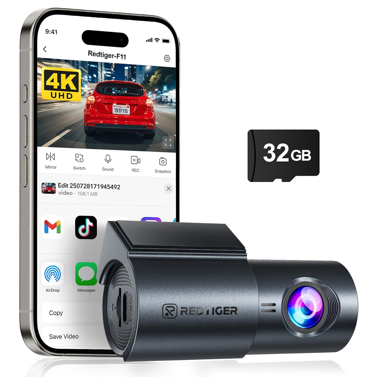 REDTIGER F11 4K Mini Car Dash Cam Front with WiFi, Night View, WDR, Loop Recording, 24H Parking Mode, Easy Installation, 32GB Card Included, Supports 256GB Max