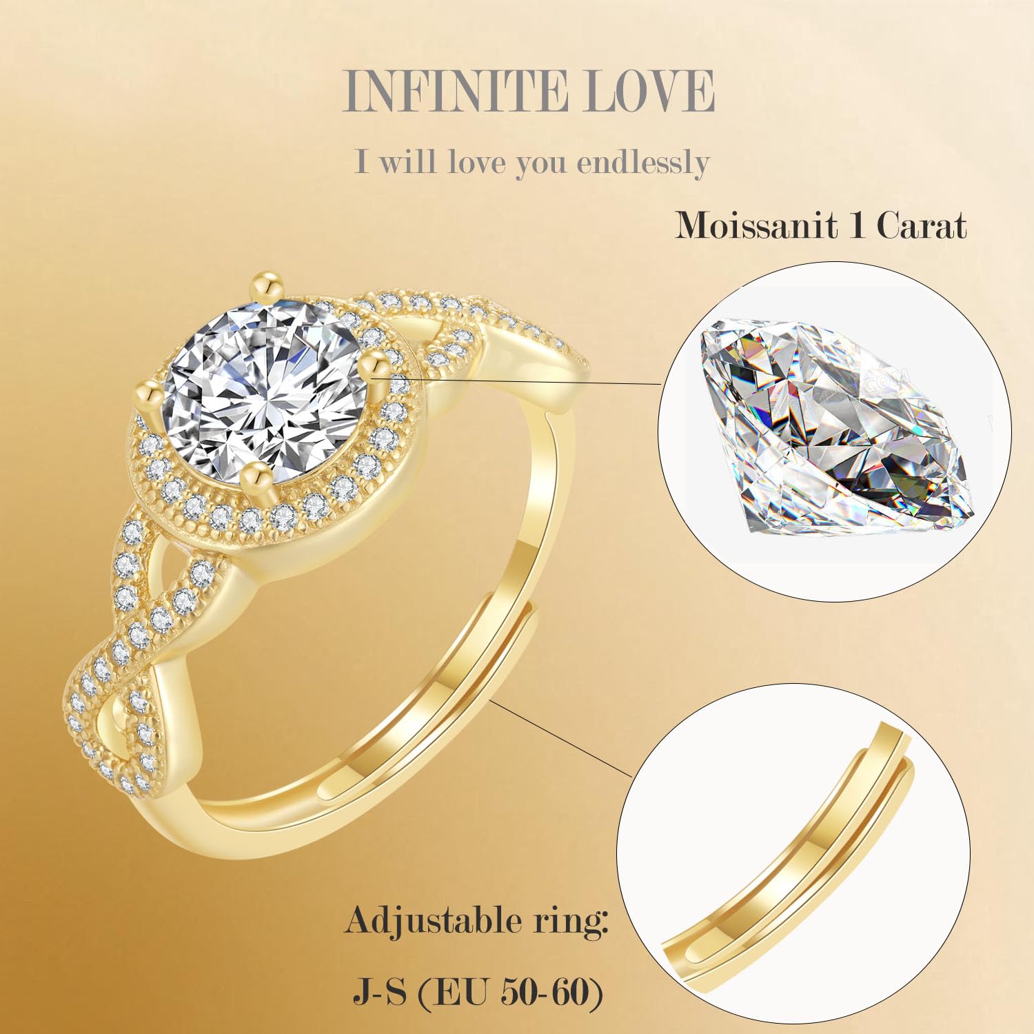 Anillo Infinito Ajustable para Mujer (50-60) - Moissanita de 1 Quilate - Plata de Ley 925 - Anillo de Compromiso y Boda - Incluye Caja Regalo