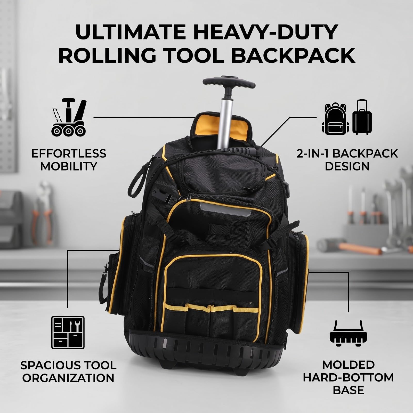 Mochila con Ruedas para Herramientas, Resistente, con Ruedas, para Electricistas y Fontaneros, Resistente Al Agua, 15 X 13 X 22,5 Pulgadas