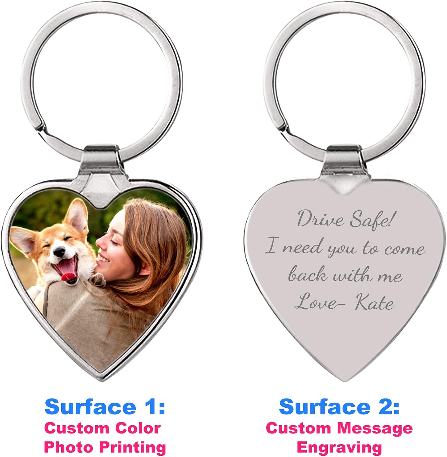 Qina C. Custom Color Photo Keychain Always In My Heart Love Note Engraved Heart Pendant Dog Tag UV Printing f/Family husband Father Boyfriend BFF, Regular