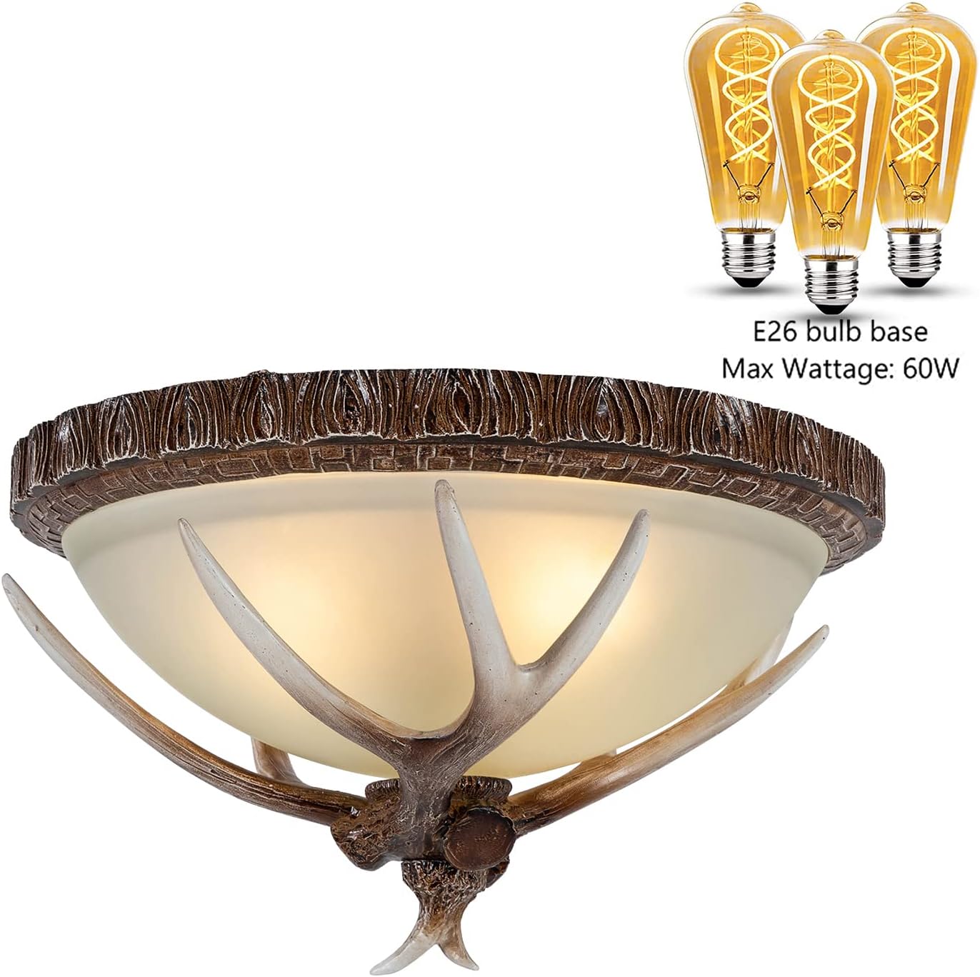 Vintage Antler chandelier, 40-60W Retro 3 Lights Resin Deer Antler Chandelier, 110V Rustic Deer Lamp Antler Light Fixtures Decorative Flush Mount Lighting for Dining Room, Bar, Cafe, Loft, Foyer