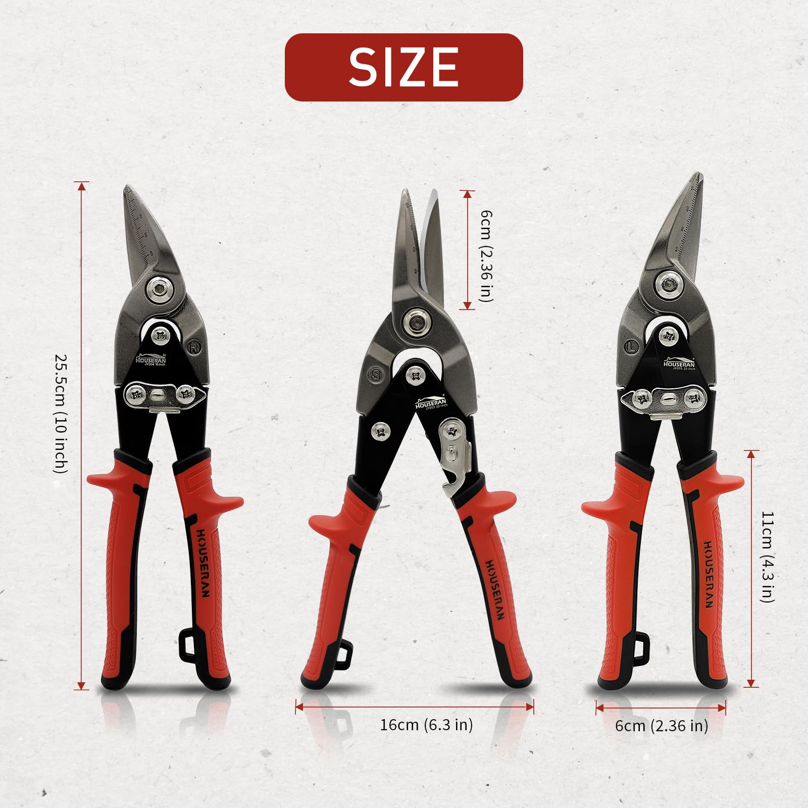 HOUSERAN 3-Piece Aviation Tin Snips Set, 10 Inch Straight, Left & Right Cut Offset Heavy Duty Metal Cutters - Image 2