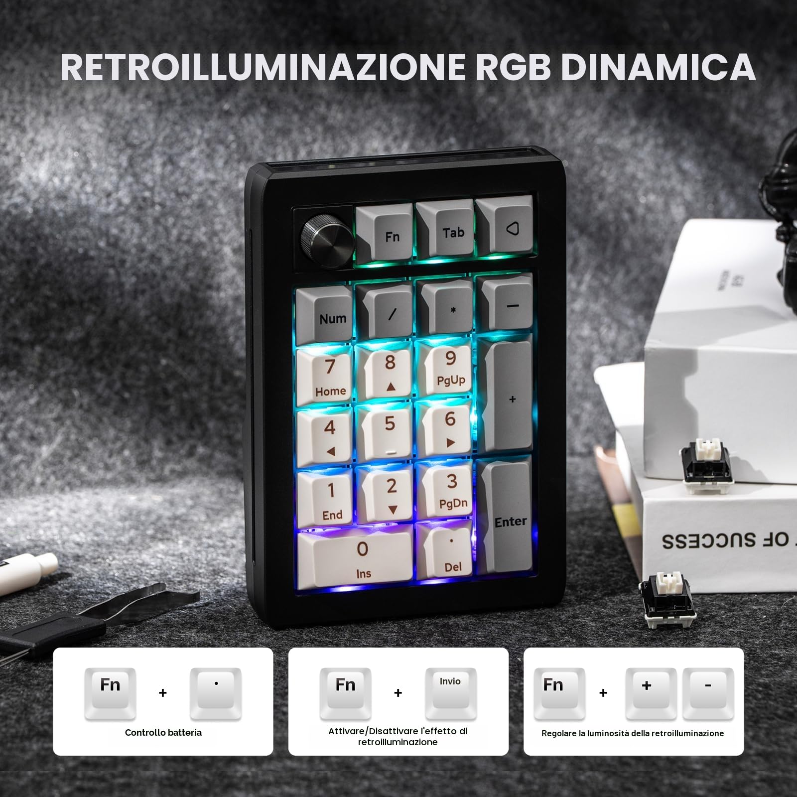 EPOMAKER EK21 VIA Gasket Tastierino Numerico con Batteria da 1000mAh, BT 5.0/2.4ghz/Wired Hot-Swap Numpad with Aluminum Alloy knob, Programmable for Win/Mac/Gaming (Nero, Zebra Linear Switch)