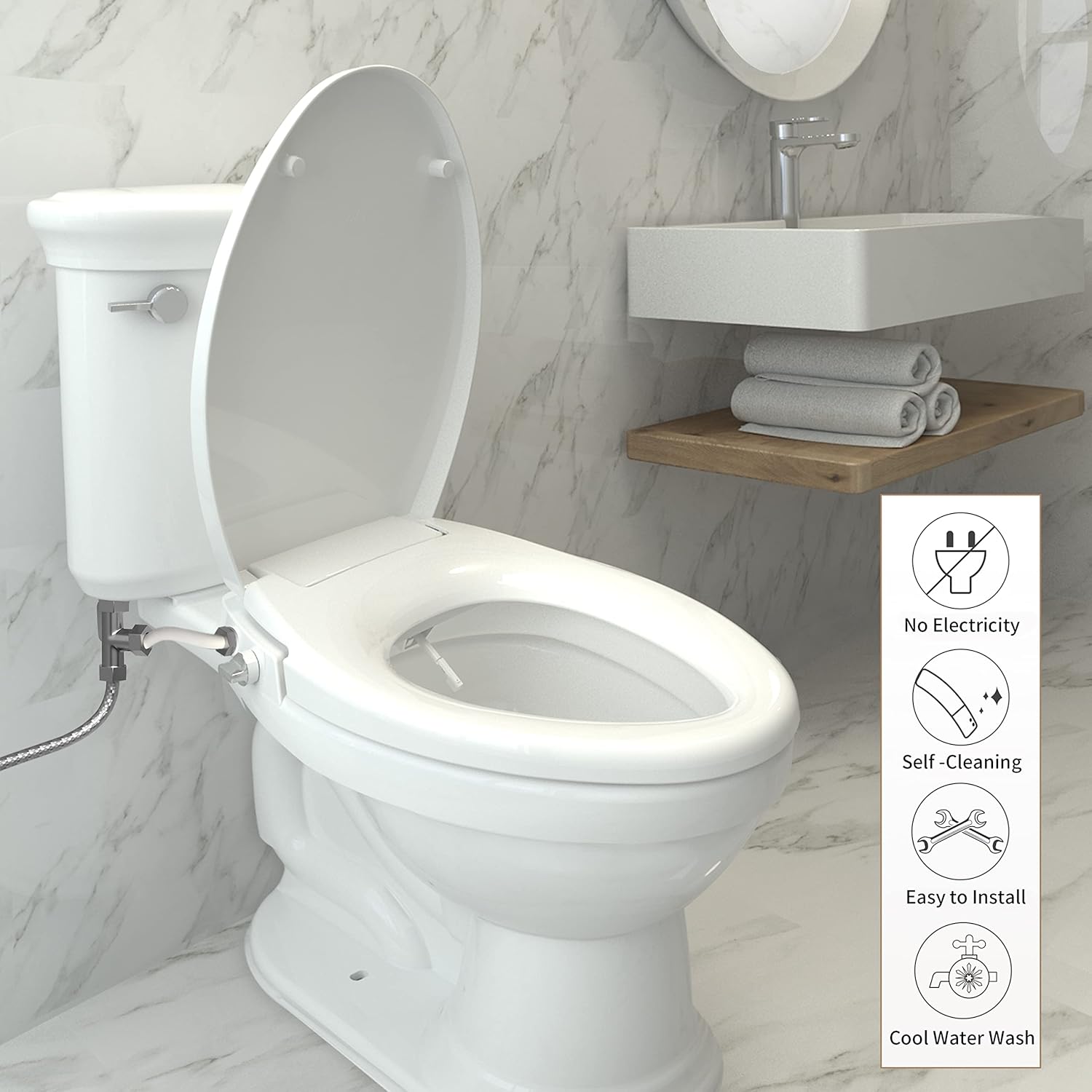 R&T V8902 Non-Electric Bidet Toilet Seat Elongated Self-Cleaning Dual Spray Nozzles for Rear & Feminine Wash