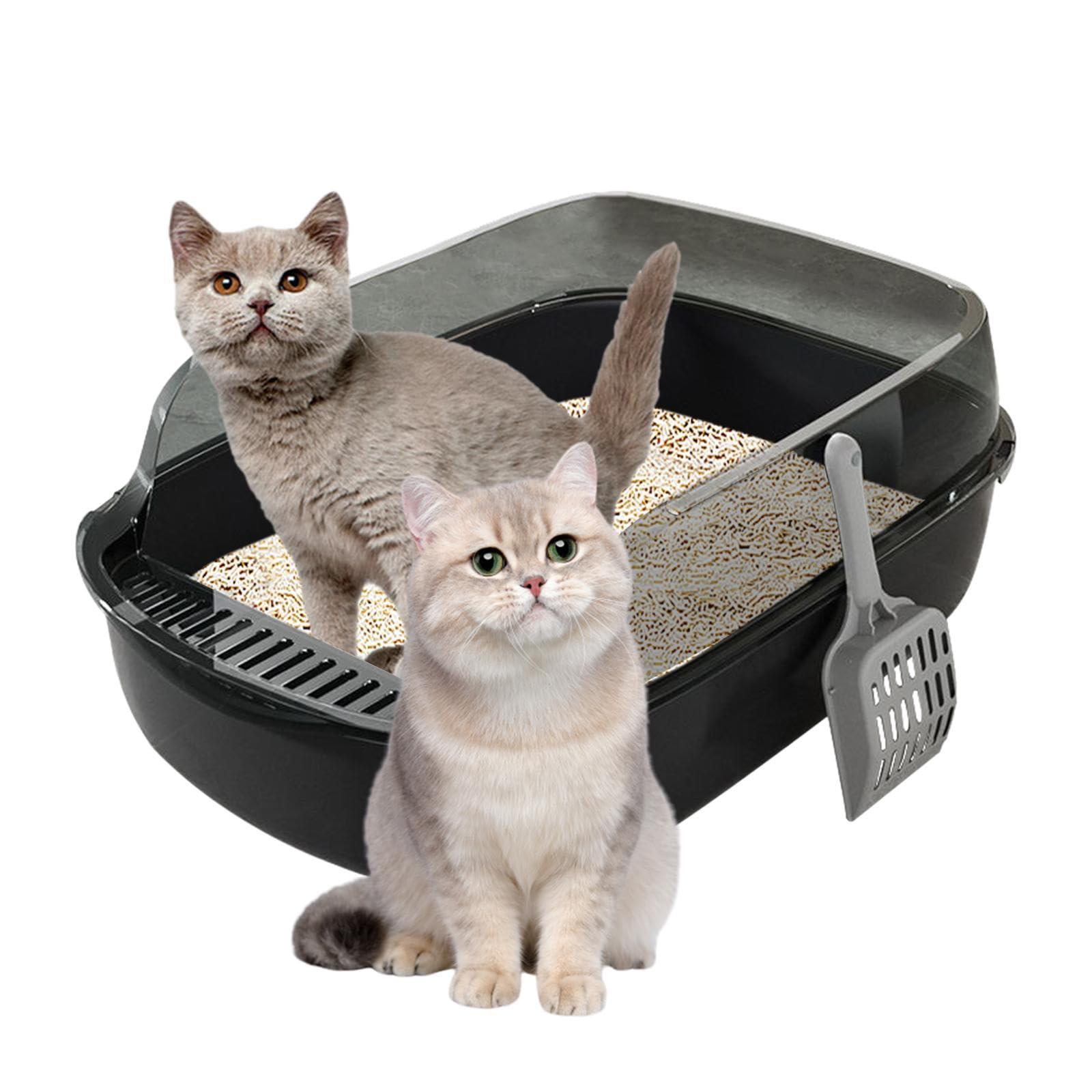 Große Offene Katzentoilette Mit Hohen Seiten – Hälfte Geschlossen, Spritzwassergeschützt, 50x36x17 Cm, Inkl. Streuschaufel Für Große Katzen