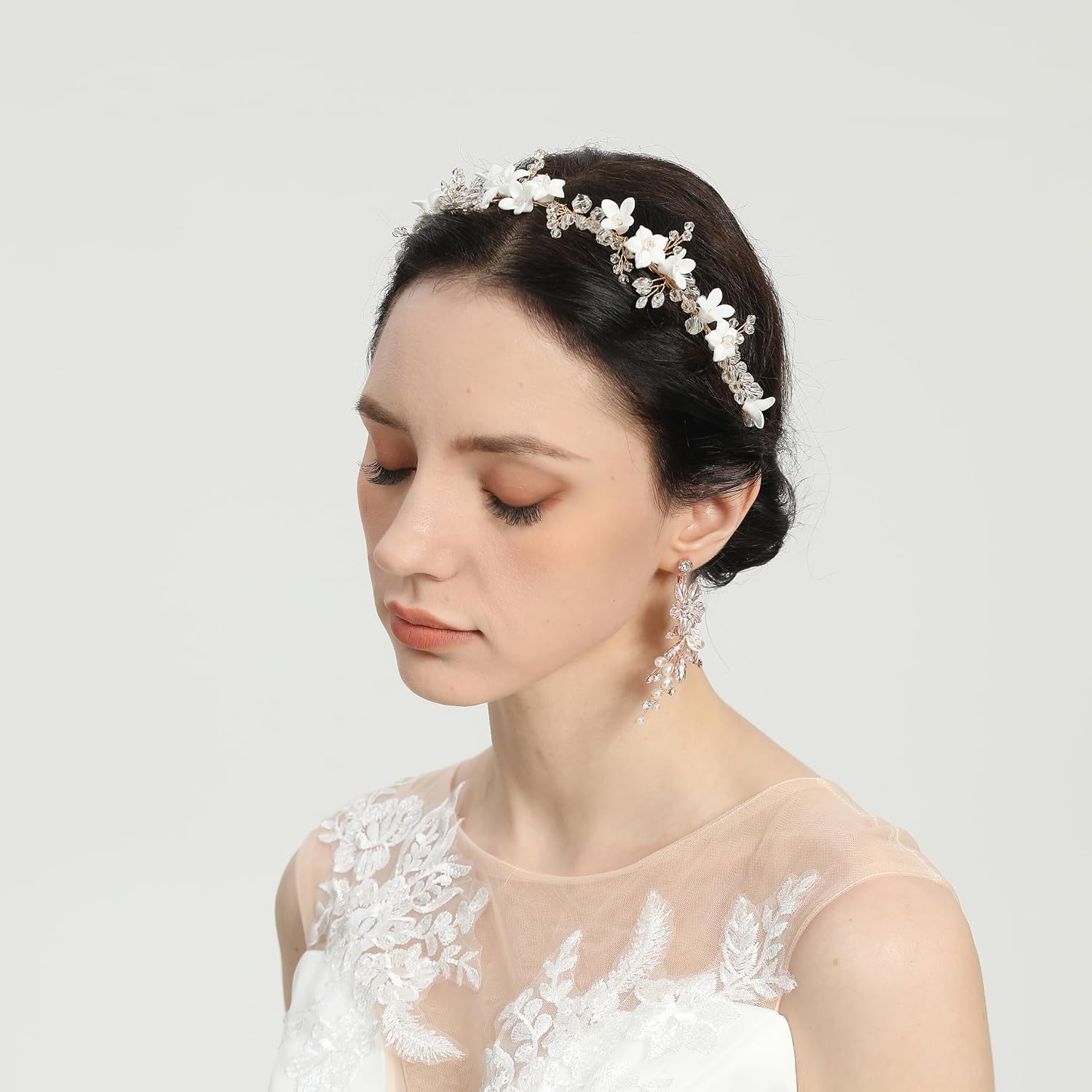 Gold Floral Bridal Headband for Bride, Adjustable Wedding Headband, Mixed 4 & 5 Petal Ceramic Flowers & Clear Crystals, Lightweight Hair Accessory with Black Gift Box for Birthday, Party, Prom,Garden image 5