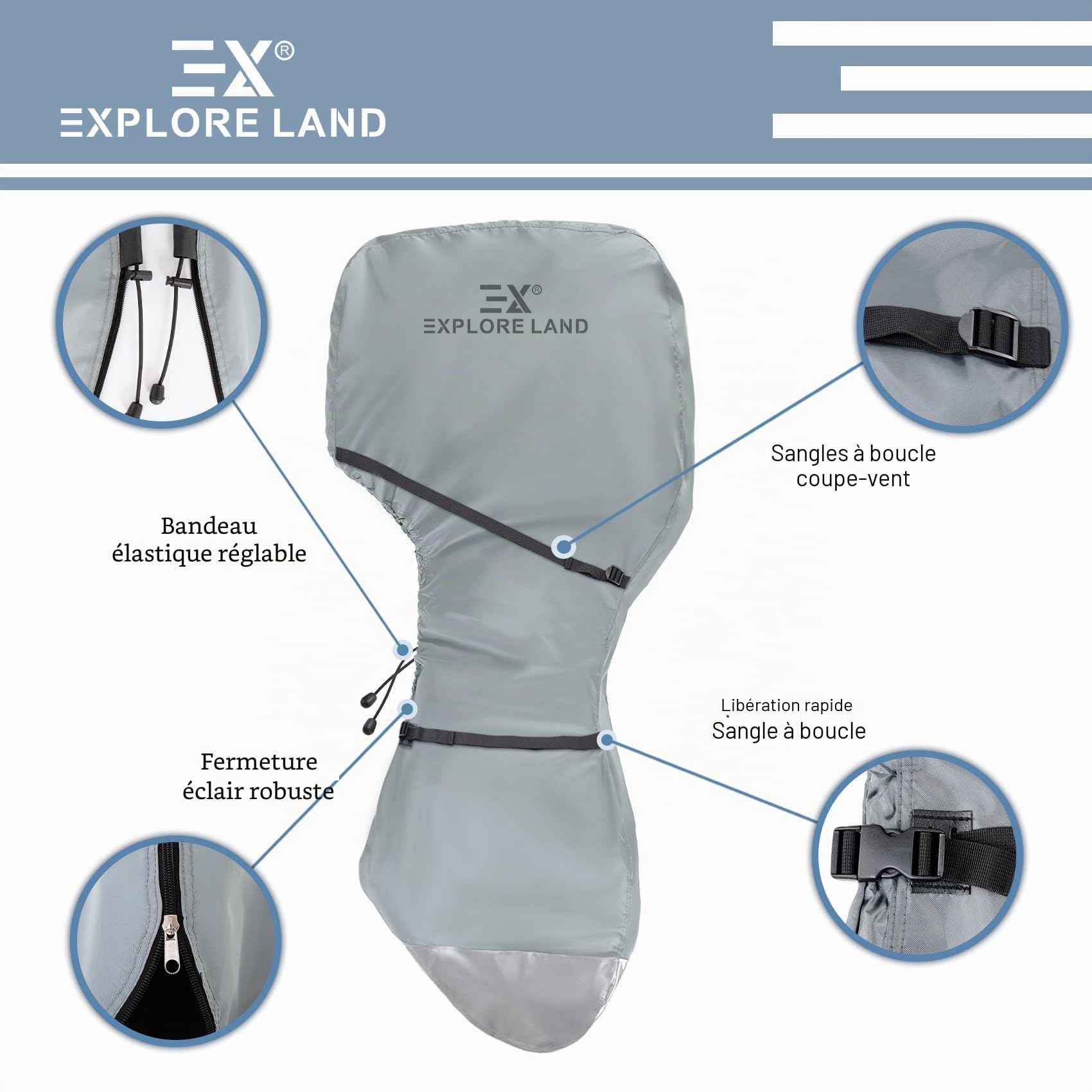 Explore Land Housse de Moteur Hors-Bord résistante à la décoloration – Housse de Moteur 600D imperméable et résistante pour Moteur de Bateau de 30 à 60 CV, Gris
