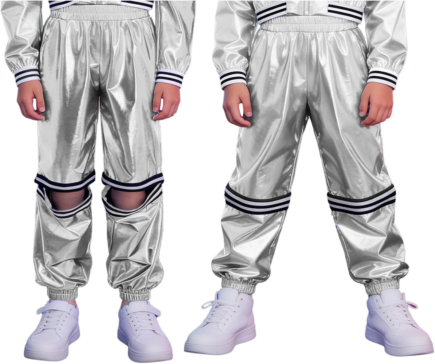 Linjinx Kids Boys Girls Zip-Off Stripe Metallic Modern Hip Hop Jazz Dance Harem Pants Holographic Jogger Trousers