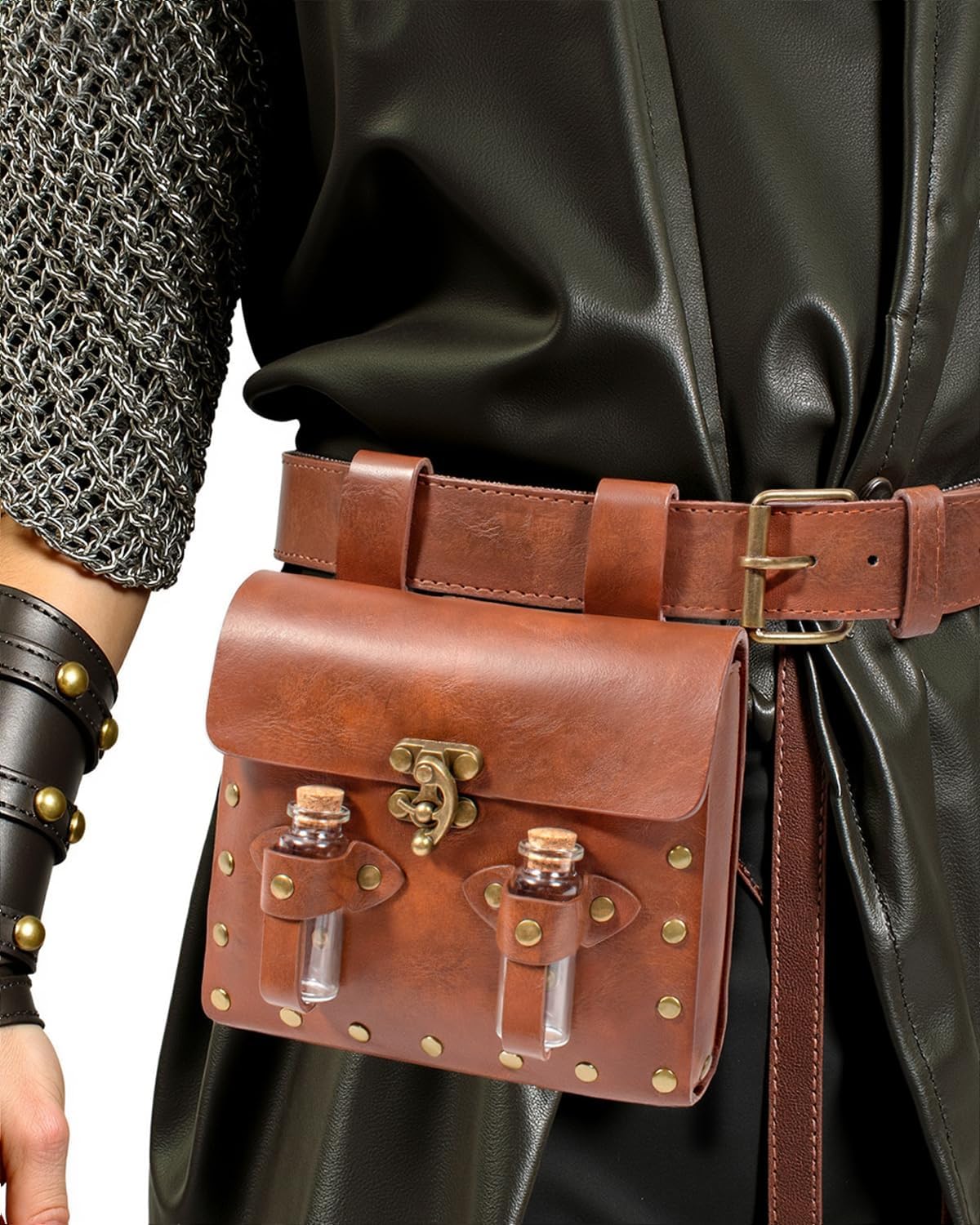 Belt Pouch Waist Bag Leather Casual Magic Vials Steampunk Phone Bag Medieval Renaissance Cosplay Costume Accessory (Black)