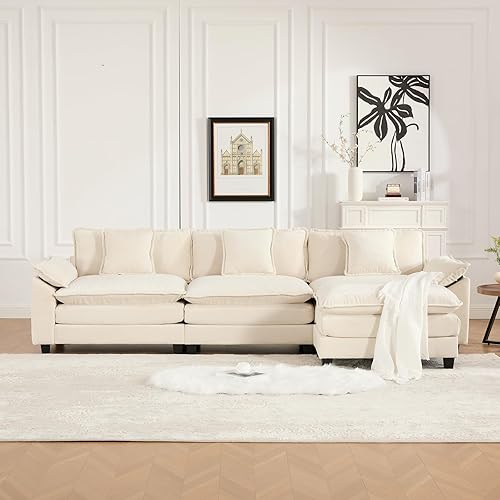 Miniatura 3 de Sofá seccional modular beige de 117.3", sofás seccionales grandes de 3 plazas para sala de estar, sofá nube oversized de tela chenille con otomana,