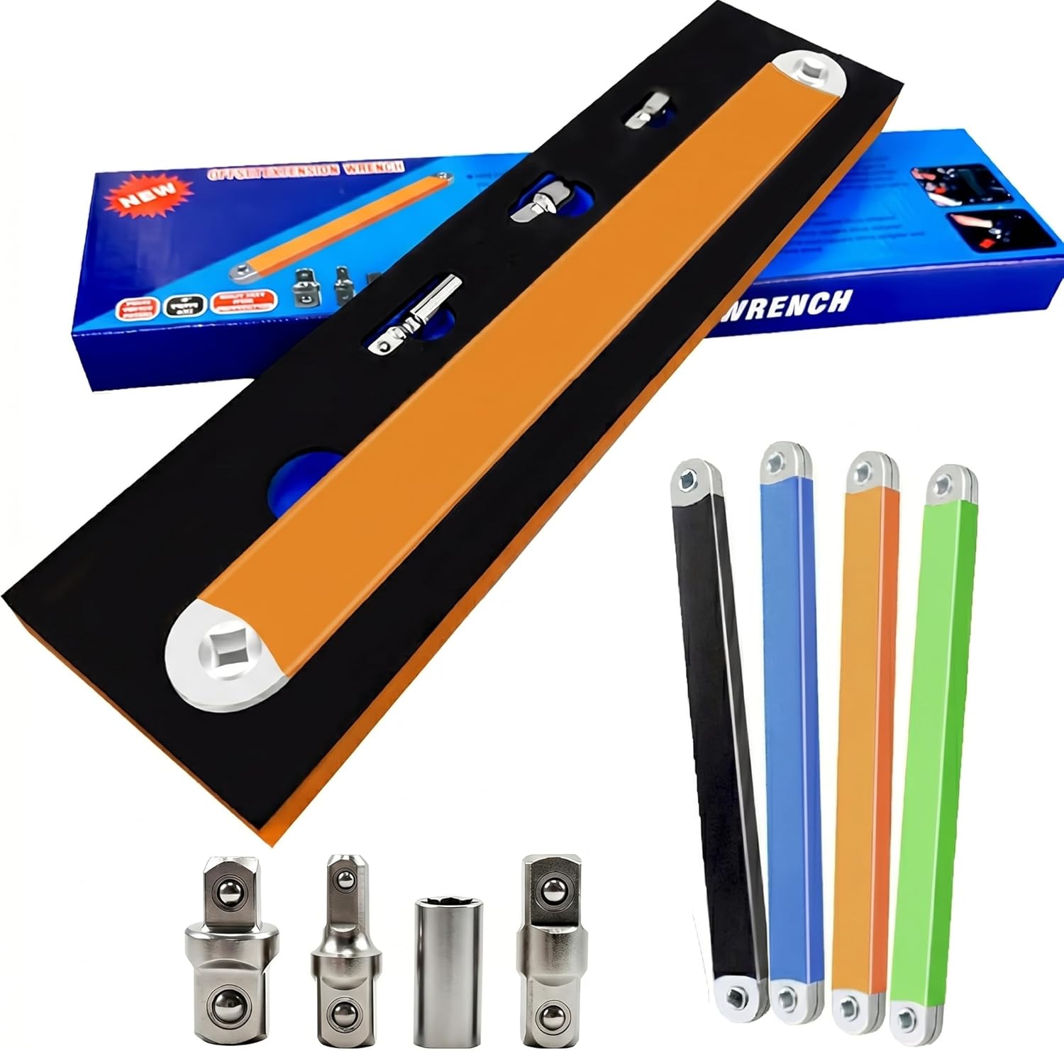 Bolthero Offset Extension Wrench, 15.4" Zero-Degree Chain-Drive Extender, 0.8" Ultra-Thin Profile, 4 Adapters 1/4" 3/8" 1/2" Drive, 53 Ft/Lb Impact Ready For Automotive Tight Space Repai (orange)