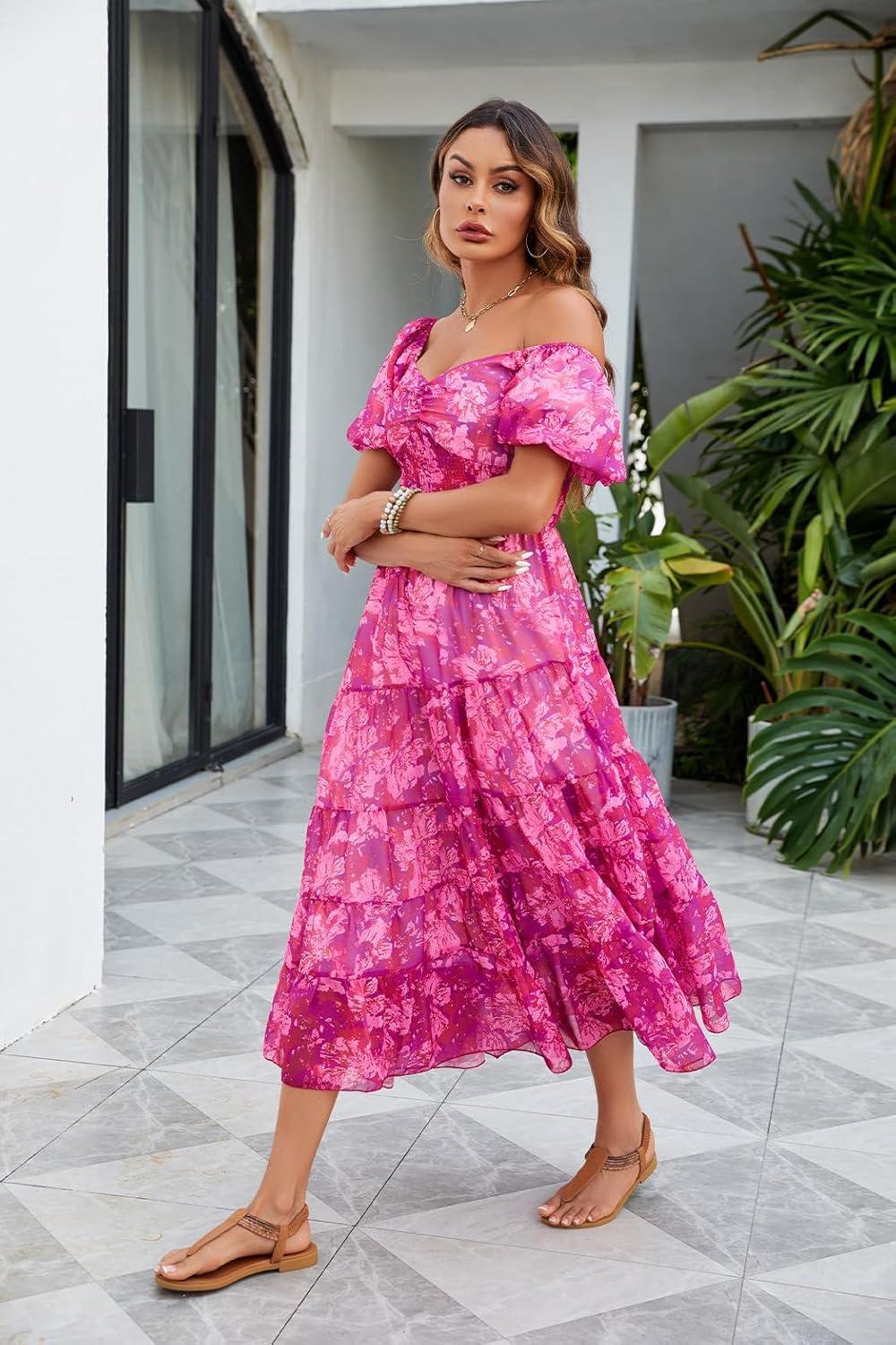 Women Floral Maxi Dress Short Puff Sleeve V Neck Bohemian Flowy Dress Smocked Casual Spring Summer Dresses - Image 4