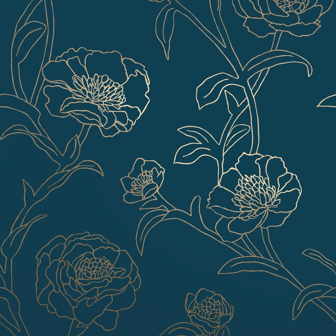 Tempaper Peacock Blue & Metallic Gold Peonies Removable Peel and Stick Floral Wallpaper, 20.5 in X 16.5 ft, Made in the USA